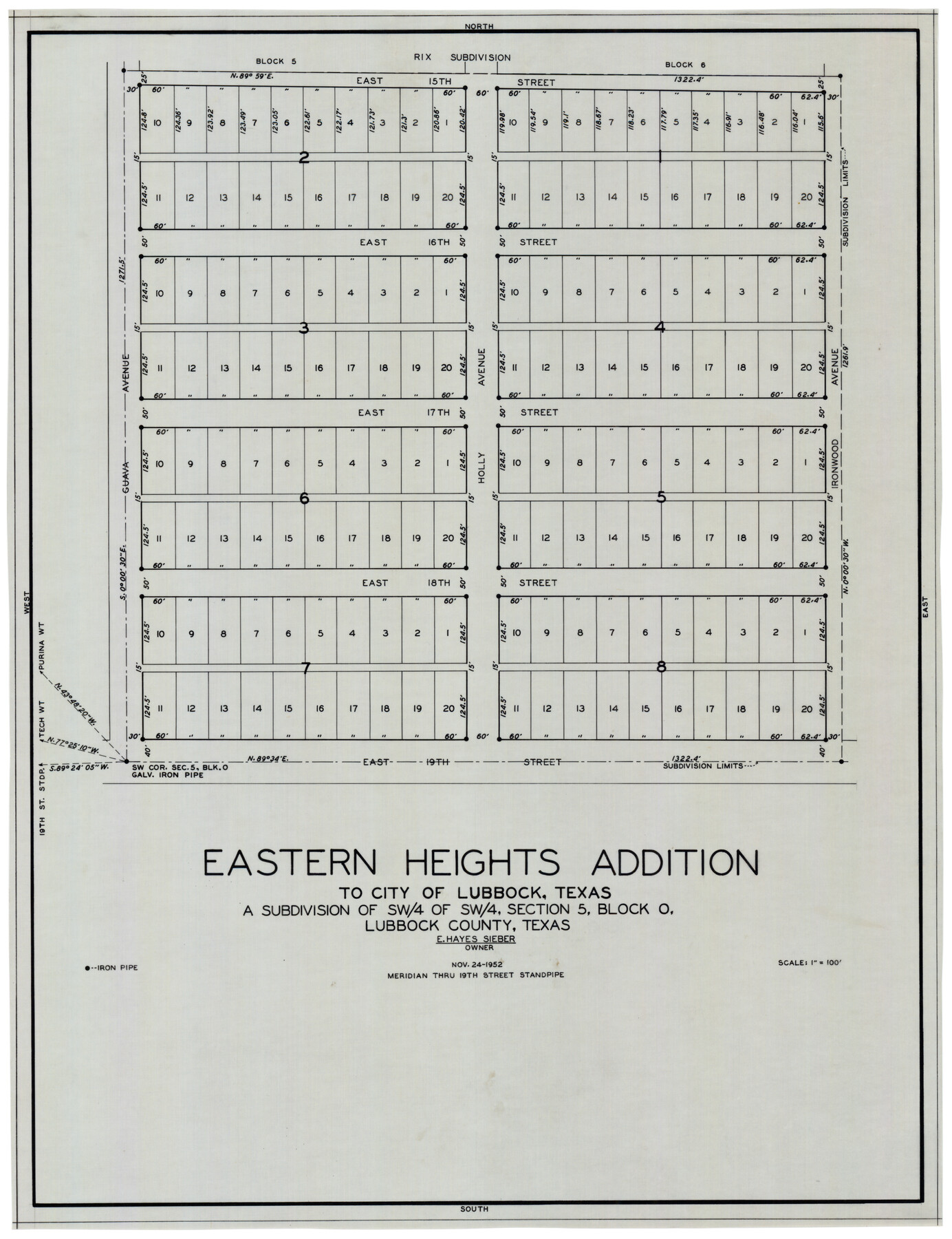 92783, Eastern Heights Addition to City of Lubbock, Texas a Subdivision of SW/4 of SW/4, Section 5, Block O, E. Hayes Sieber, Owner, Twichell Survey Records