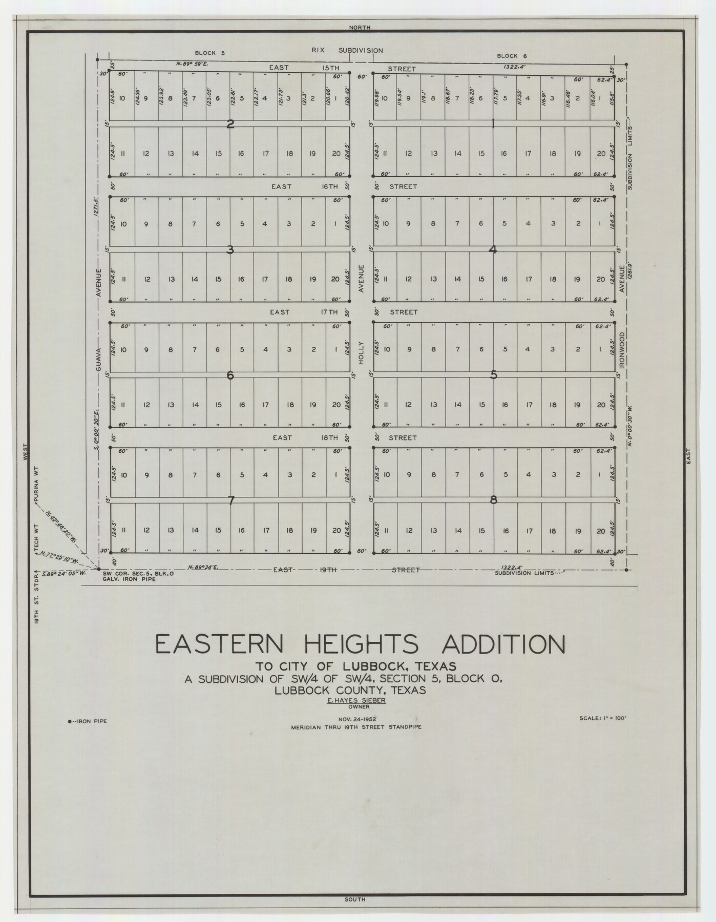 92783, Eastern Heights Addition to City of Lubbock, Texas a Subdivision of SW/4 of SW/4, Section 5, Block O, E. Hayes Sieber,  Owner, Twichell Survey Records