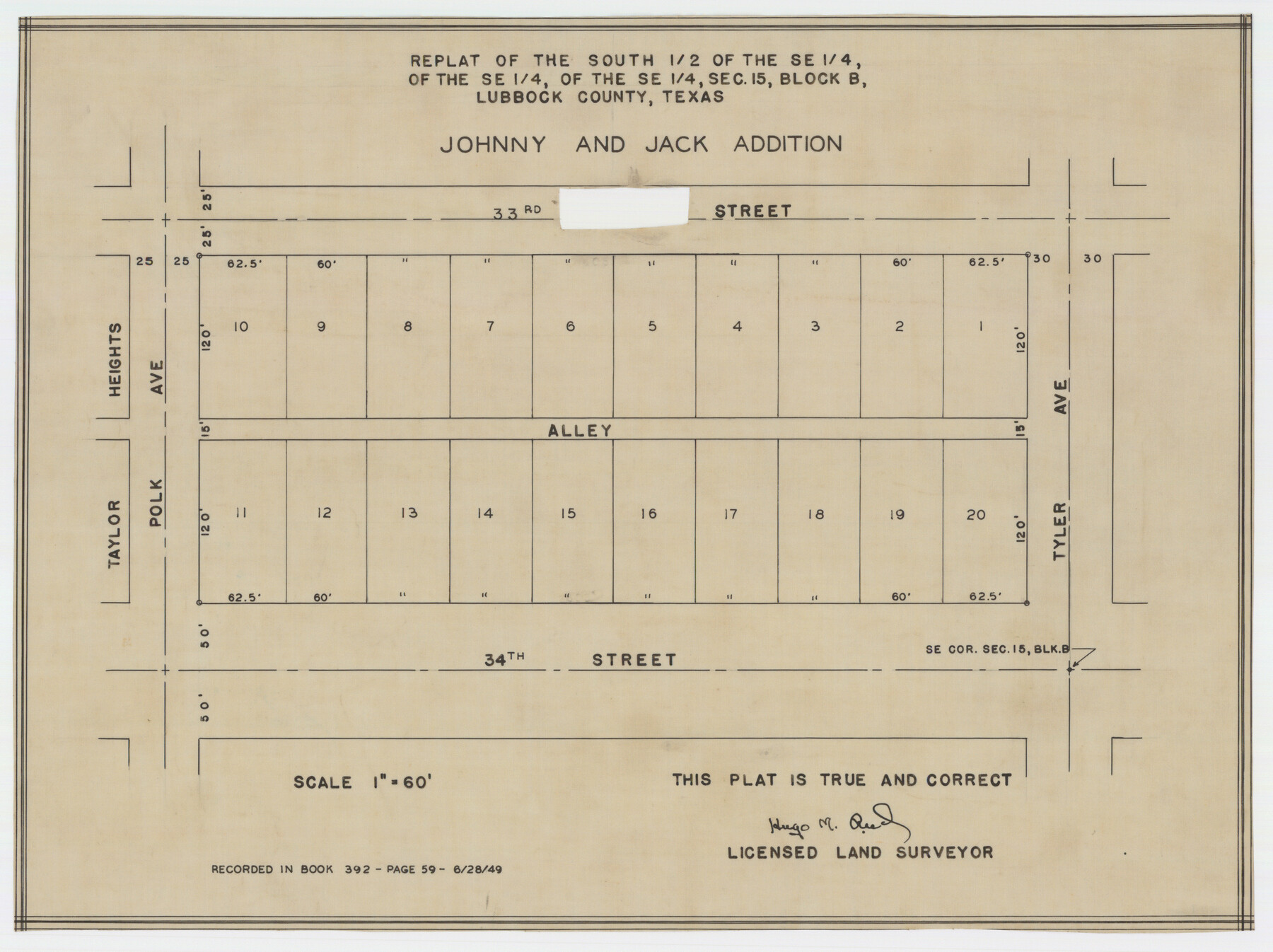 92793, Replat of the South Half of the SE 1/4 of the SE 1/4 of the SE 1/4, Sec. 15, Block B, Johnny and Jack Edition, Twichell Survey Records