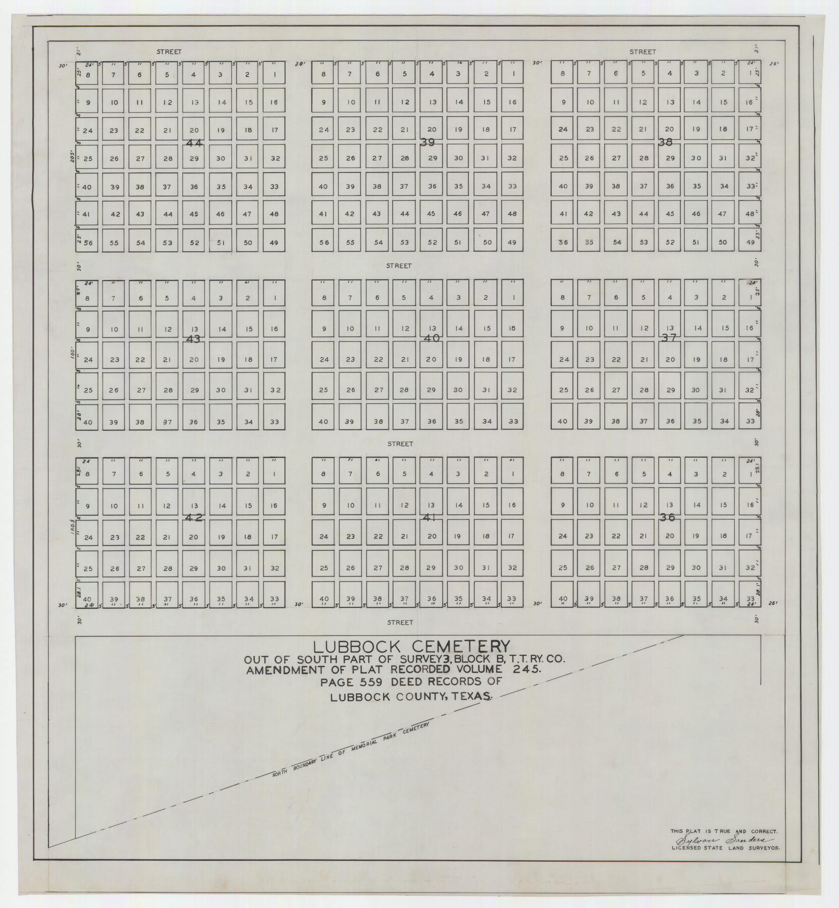 92794, Lubbock Cemetery out of South Part of Survey 3, Block B, T.T. Ry. Co. Amendment of Plat Recorded, Twichell Survey Records