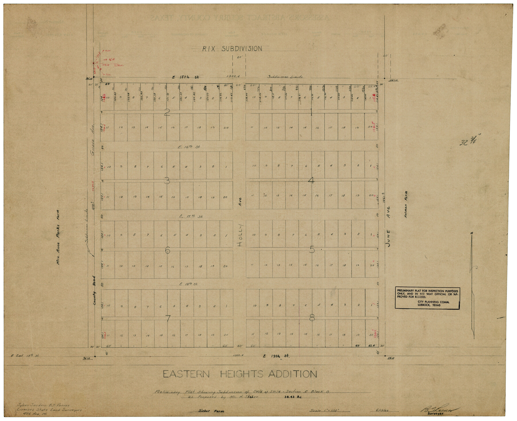 92811, Eastern Heights Addition - Preliminary Plat Showing Subdivision of SW/4 of SW/4 - Sectin 5 Block O as Proposed by Mr. H. Sieber 38.43 Ac., Twichell Survey Records