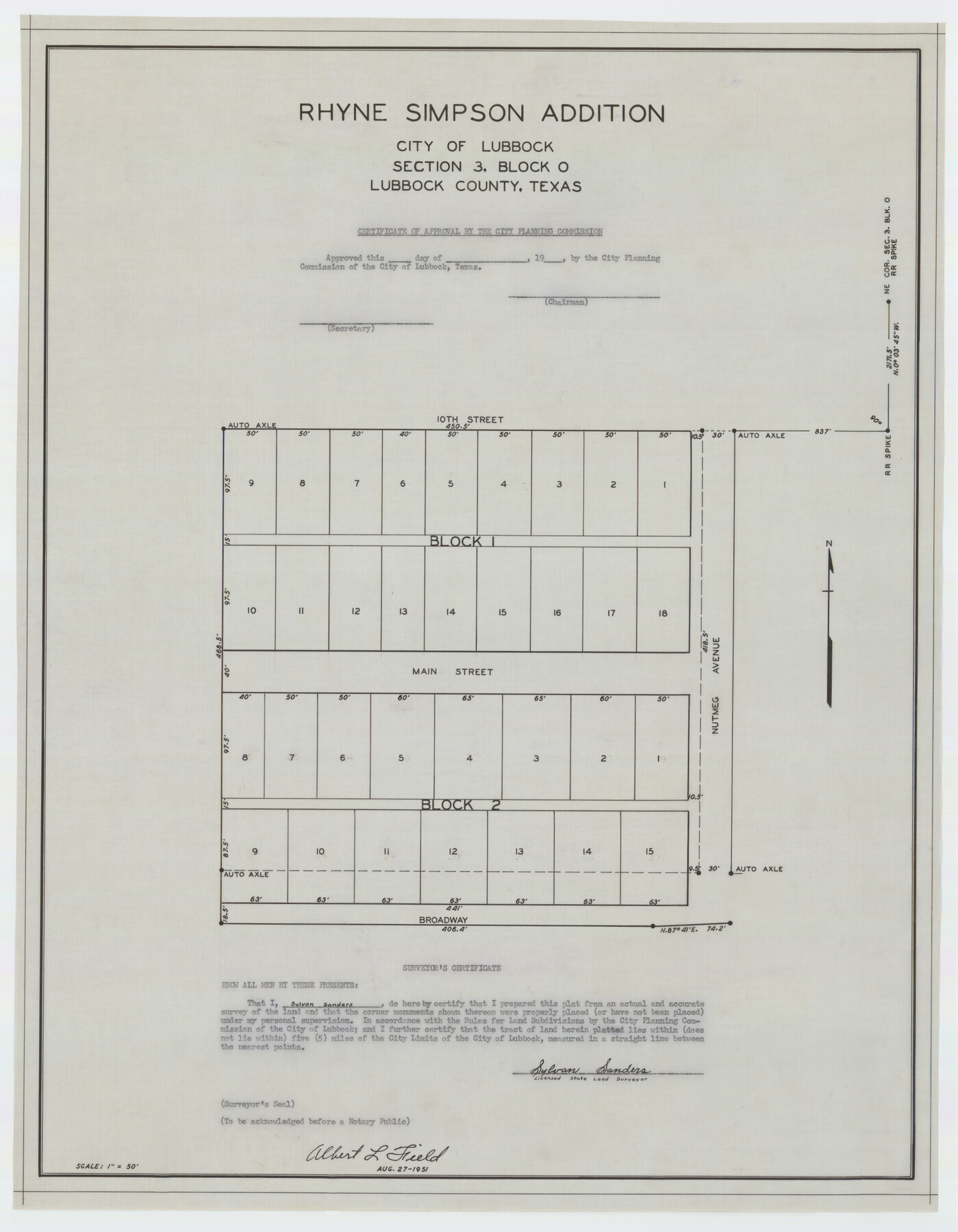 92845, Rhyne Simpson Addition City of Lubbock Section 3, Block O, Twichell Survey Records