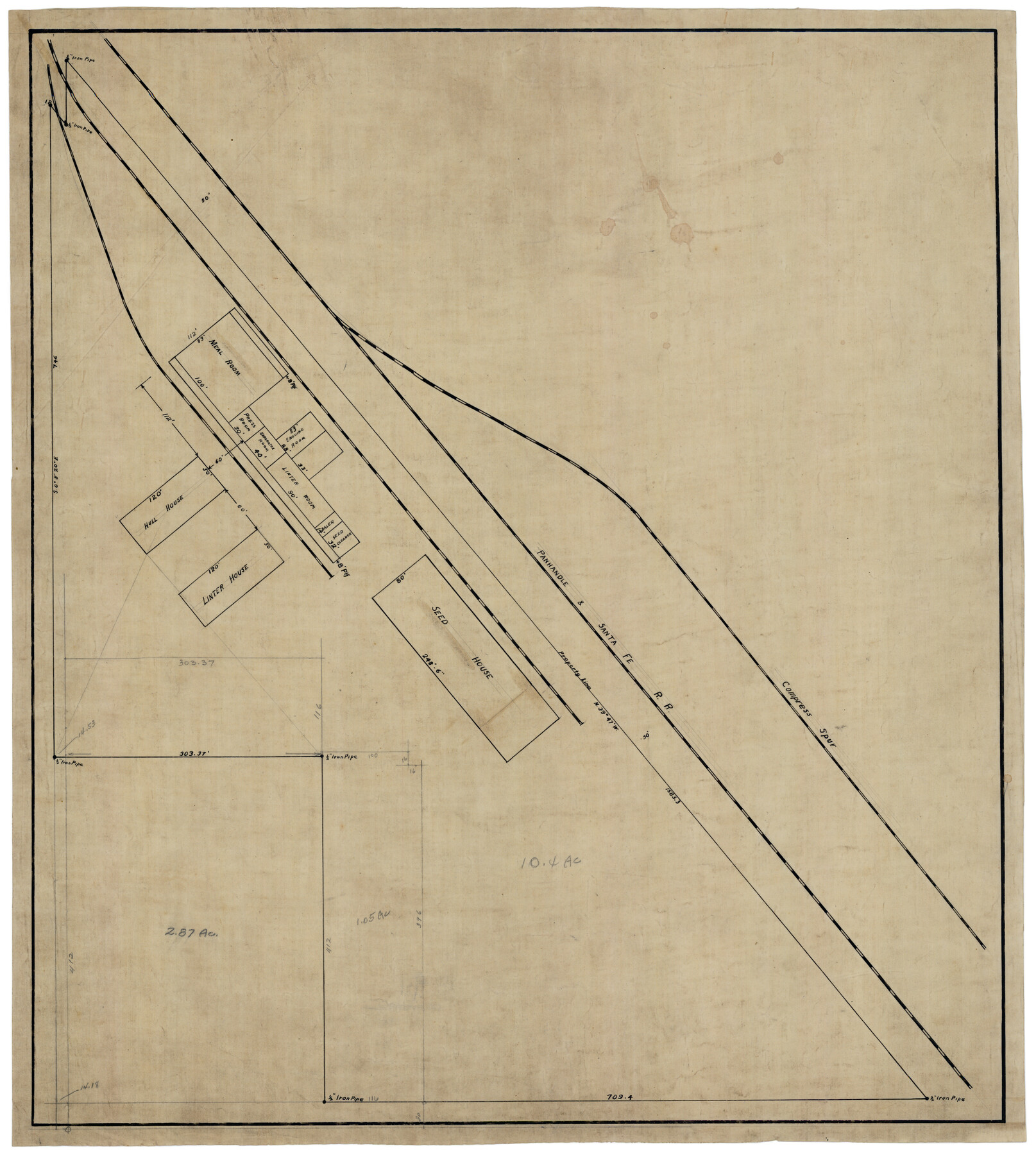 92880, [Sketch showing Panhandle and Santa Fe Railroad, Compress Spur and Seed House structures], Twichell Survey Records