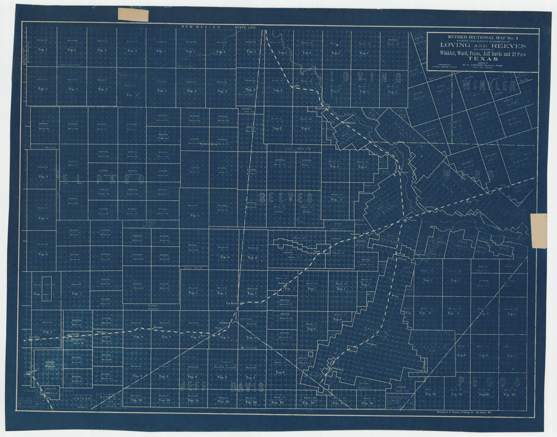 92902, Revised Sectional Map No. 3 Showing Land Surveys in Counties of Loving and Reeves and Portions of Winkler, Ward, Pecos, Jeff Davis and El Paso, Twichell Survey Records