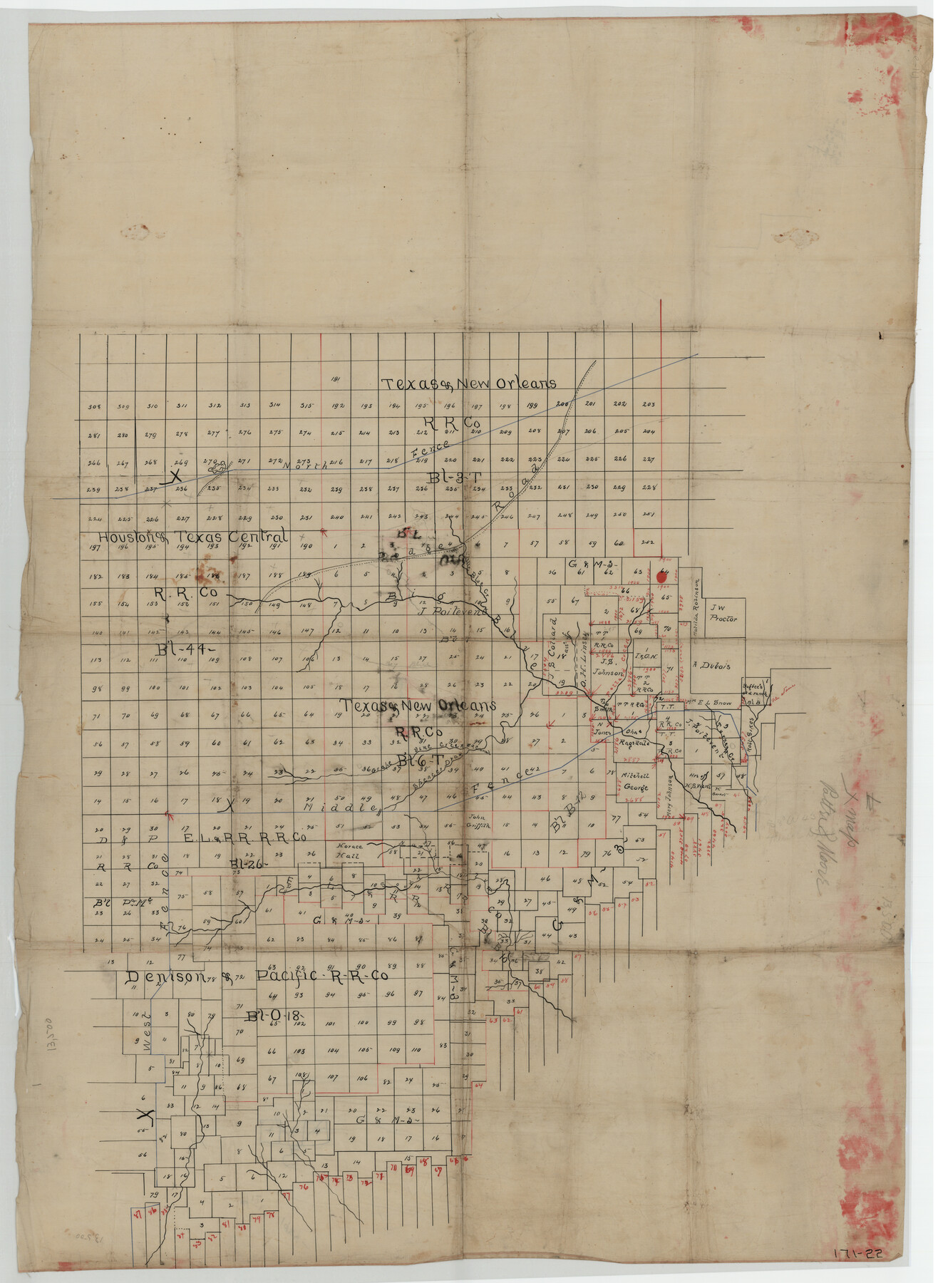 93001, [Sketch showing T. & N. O. Blocks 3T and 6T, Denison and Pacific RR. Co. Block O-18 and surrounding areas], Twichell Survey Records