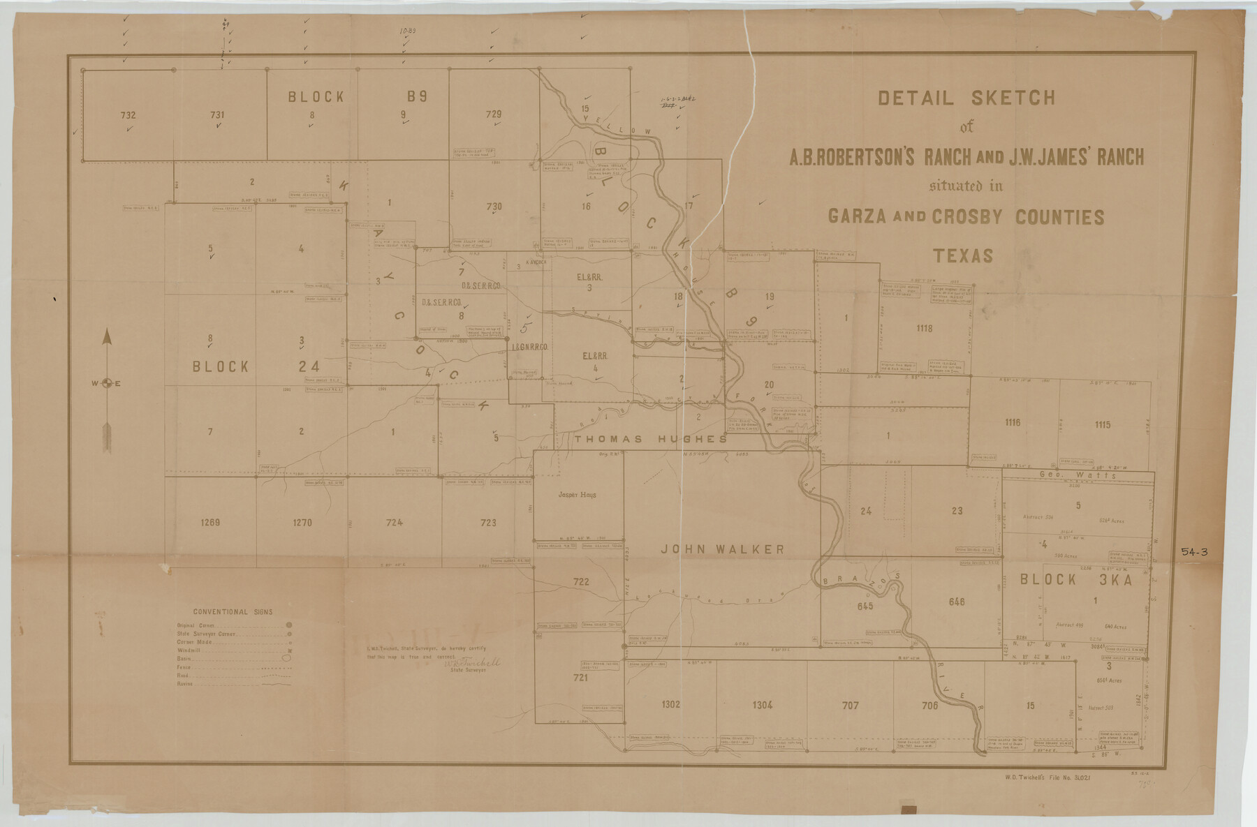 93030, Detail Sketch of A.B. Robertson's Ranch and J.W. James' Ranch situated in Garza and Crosby Counties, Texas, Twichell Survey Records
