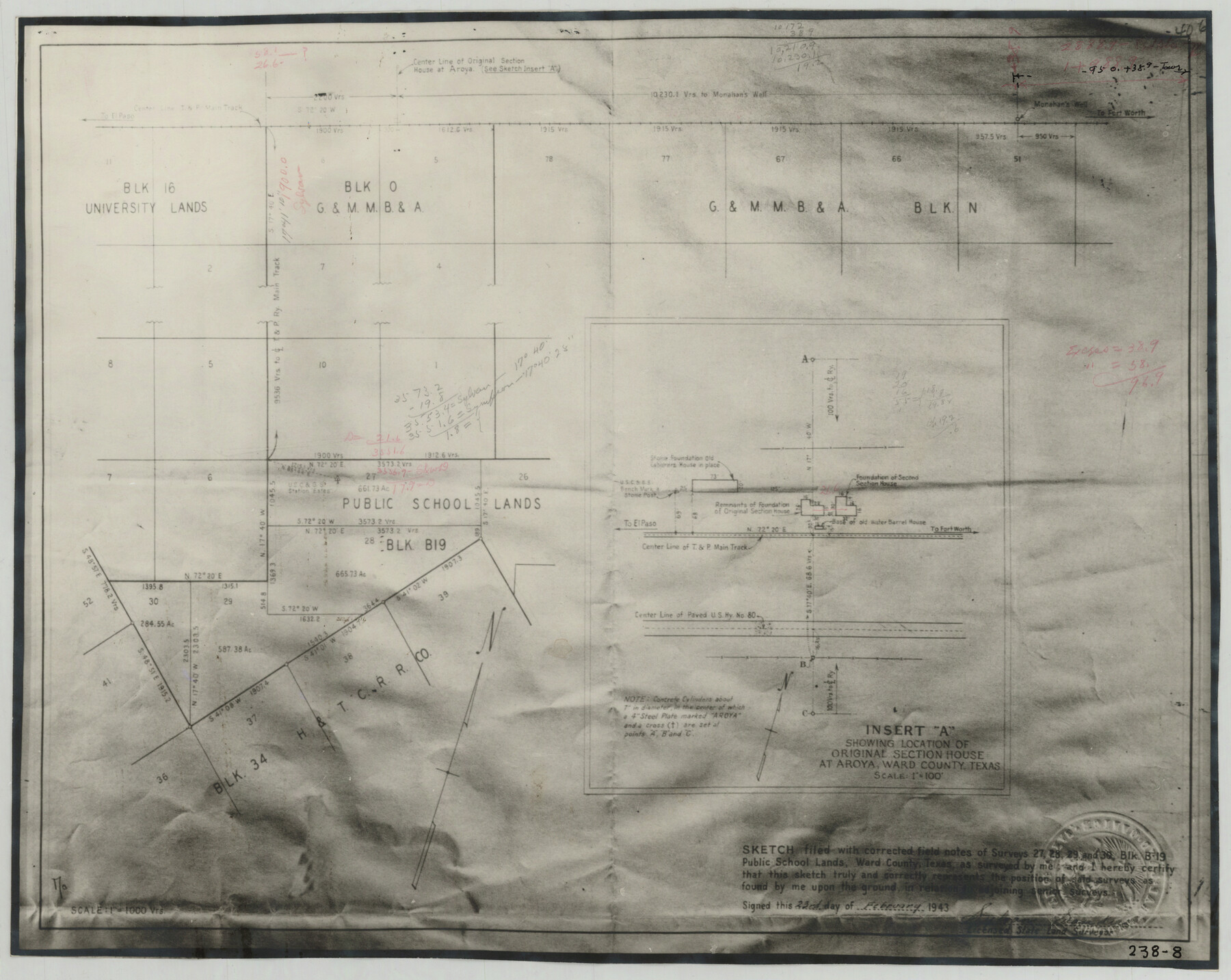 93056, [Skletch filed with corrected field notes of Surveys 27, 28, 29 and 30, Block B-19 Public School Lands], Twichell Survey Records