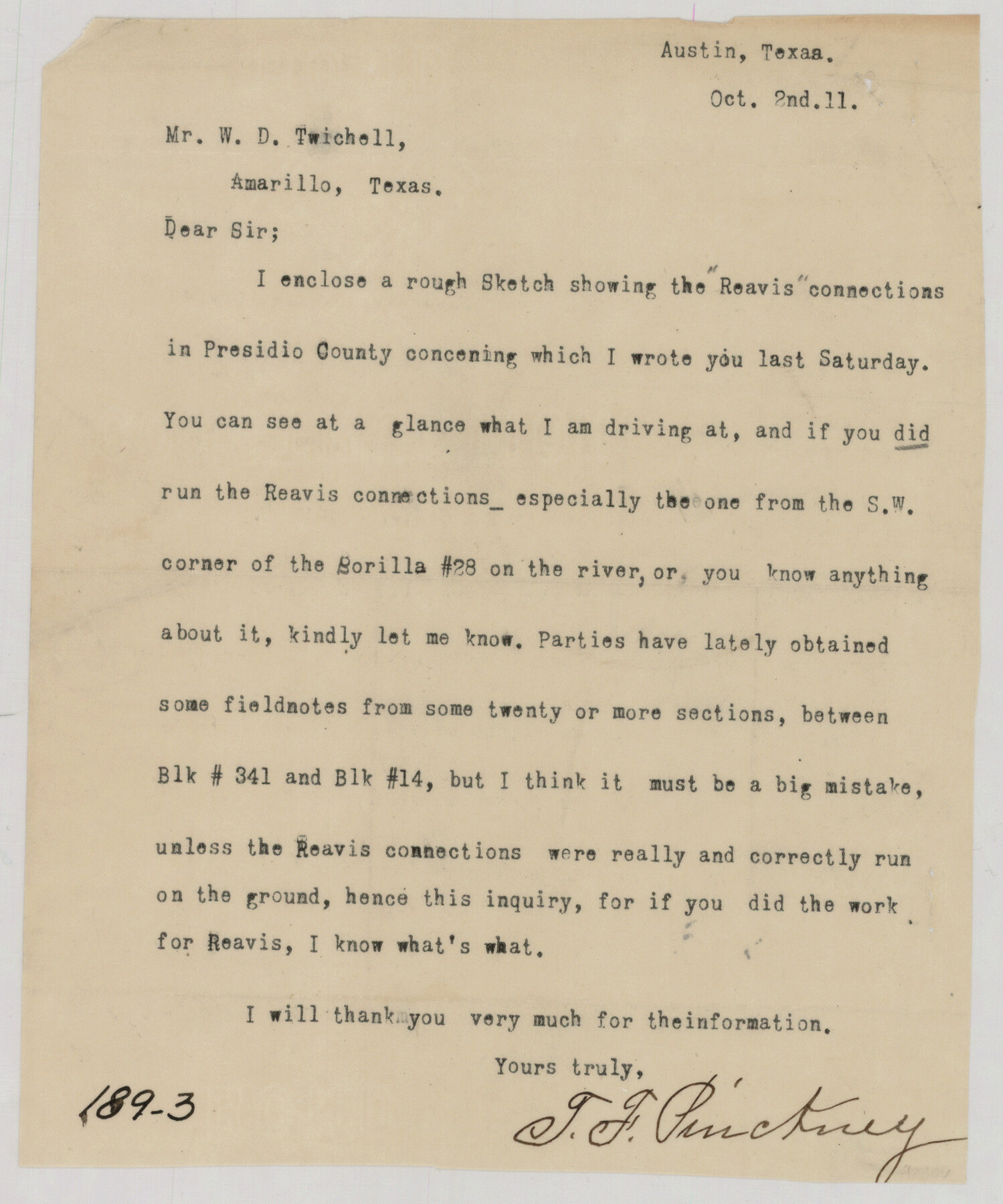 93110, [Letter from T. F. Pinckney to W. D. Twichell accompanying sketch showing Blocks 14, 341, and G5], Twichell Survey Records