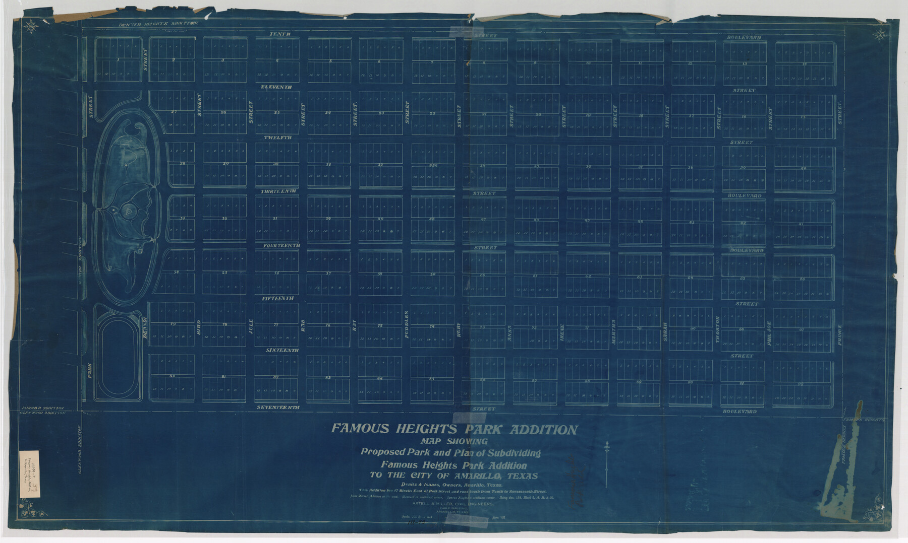 93117, Famous Heights Park Addition, Map Showing Proposed Park and Plan of Subdividing Famous Heights Plus Park, Addition to the city of Amarillo, Texas, Twichell Survey Records