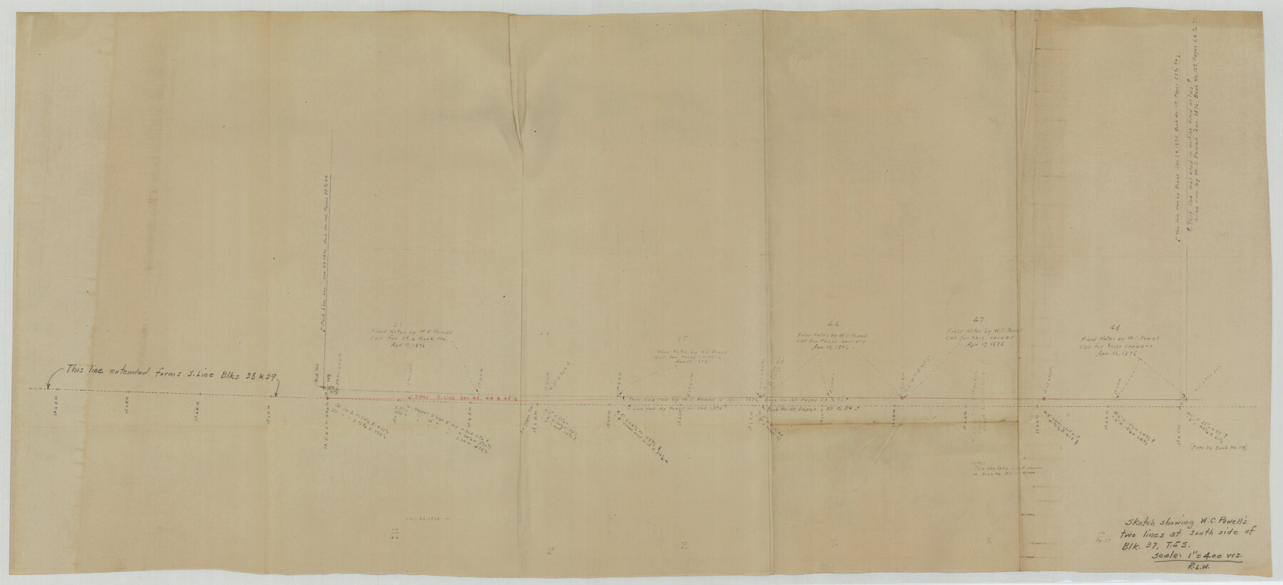 93218, Sketch showing W. C. Powell's two lines at south side of Blk. 37, T.5S, Twichell Survey Records