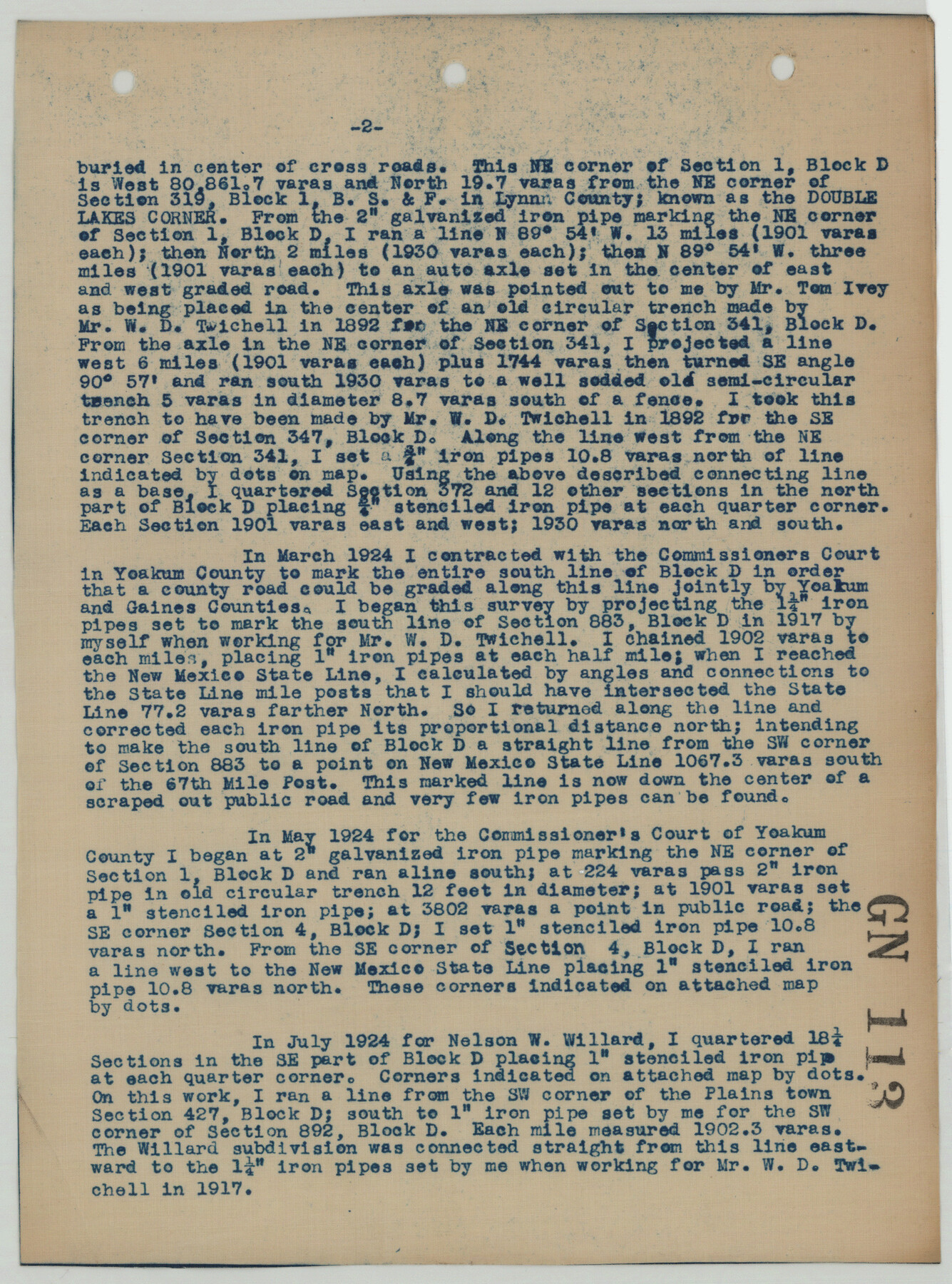 93257, Map [and report] showing connections and corners made on ground in south part of Yoakum County and north part of Gaines County, Texas, Twichell Survey Records