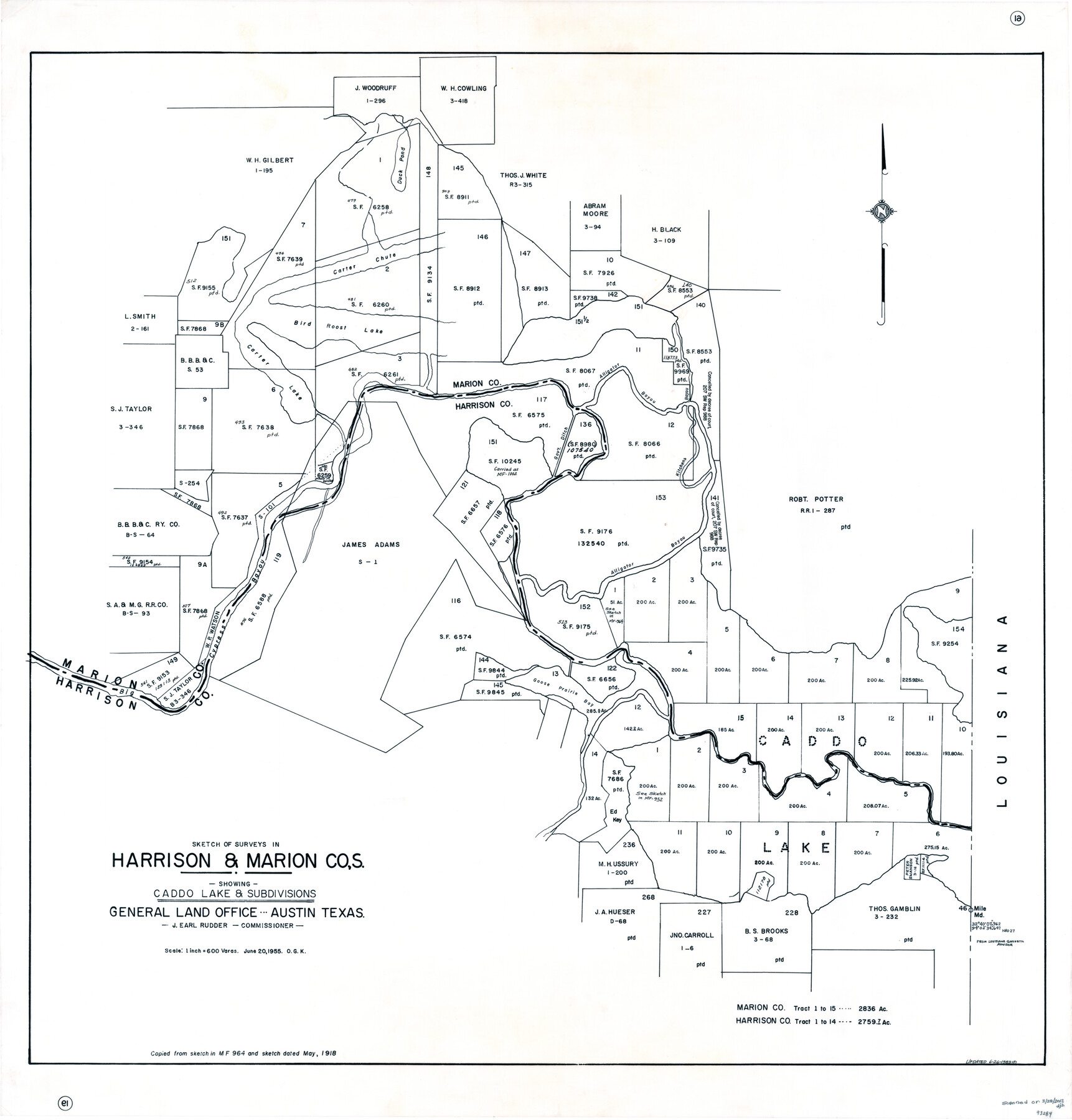 93284, Sketch of surveys in Harrison & Marion Cos. Showing Caddo Lake & Subdivisions, General Map Collection