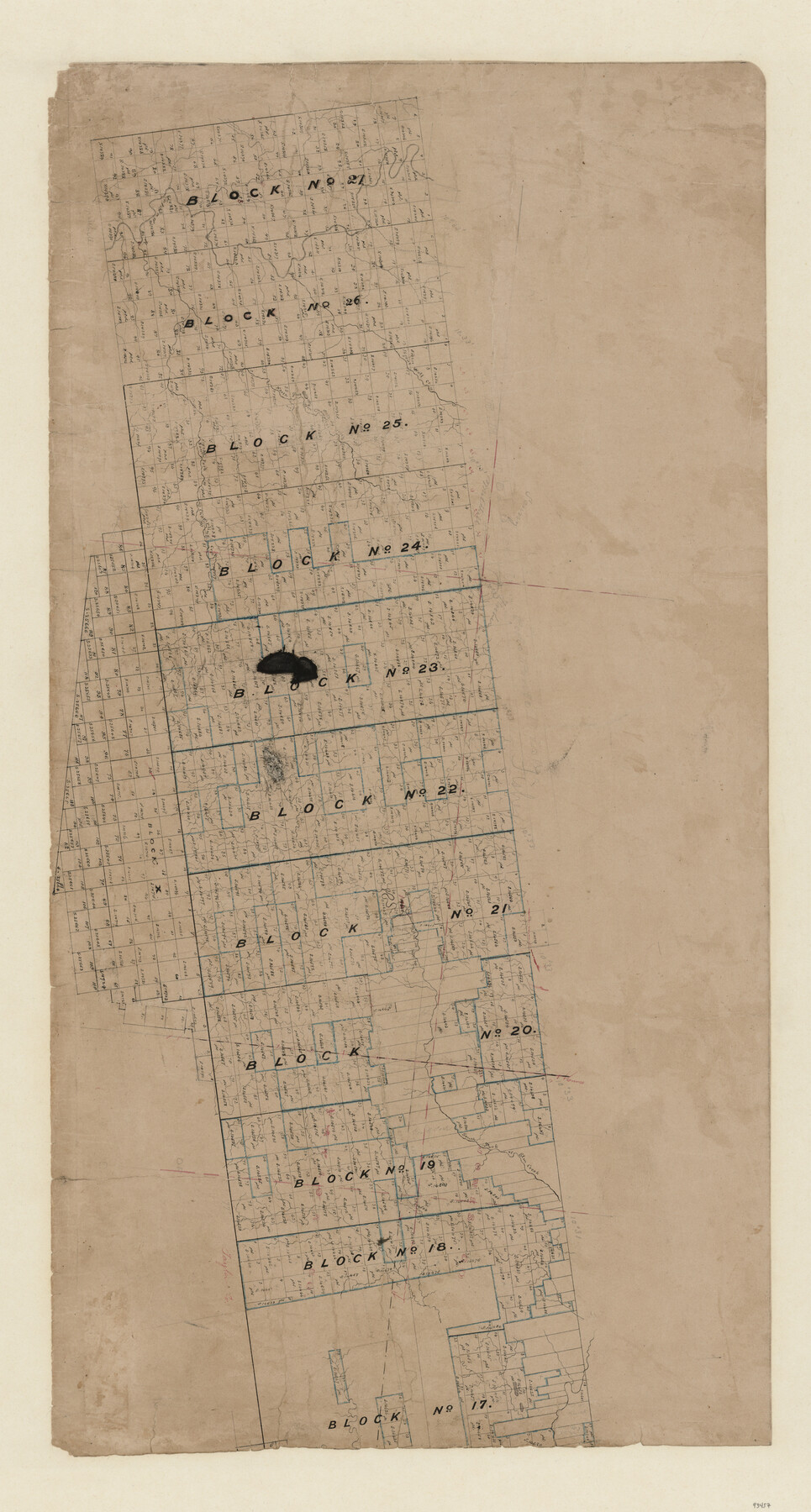 93457, [Map of Texas and Pacific Blocks from Brazos River westward through Palo Pinto, Stephens, Shackelford, Jones, Callahan, Taylor, Fisher, Nolan and Mitchell Counties], General Map Collection
