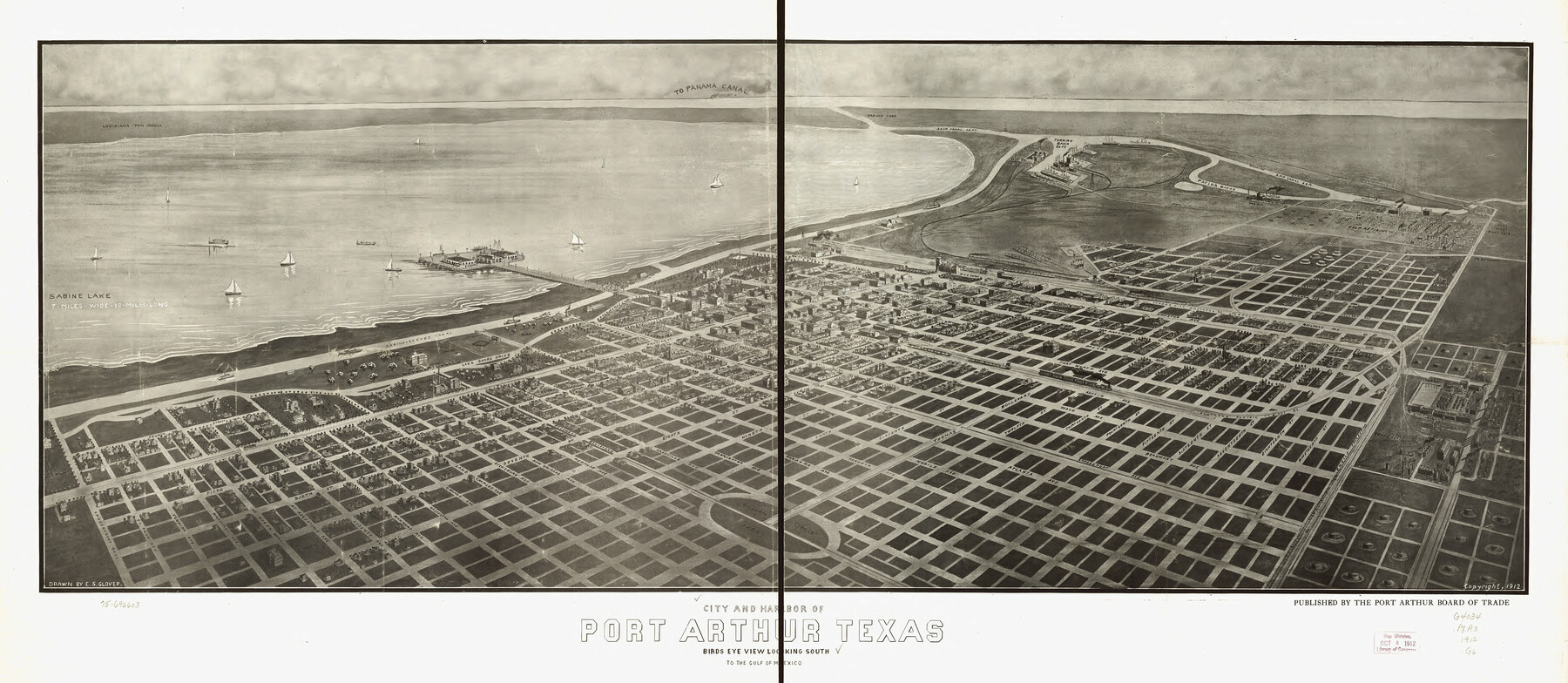 93483, City and Harbor of Port Arthur Texas, Bird's Eye View Looking South to the Gulf of Mexico, Library of Congress
