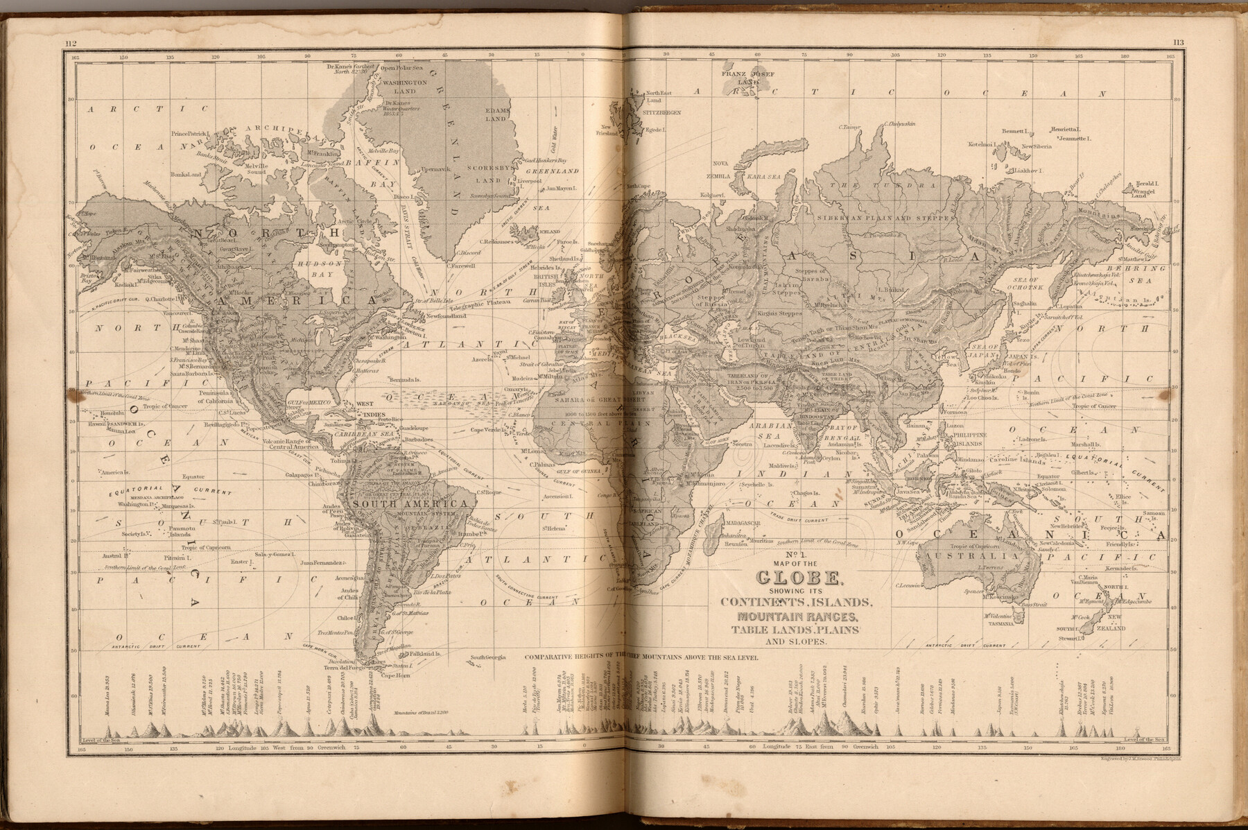 93532, Map of the Globe showing its continents, islands, mountain ranges, table lands, plains and slopes, General Map Collection
