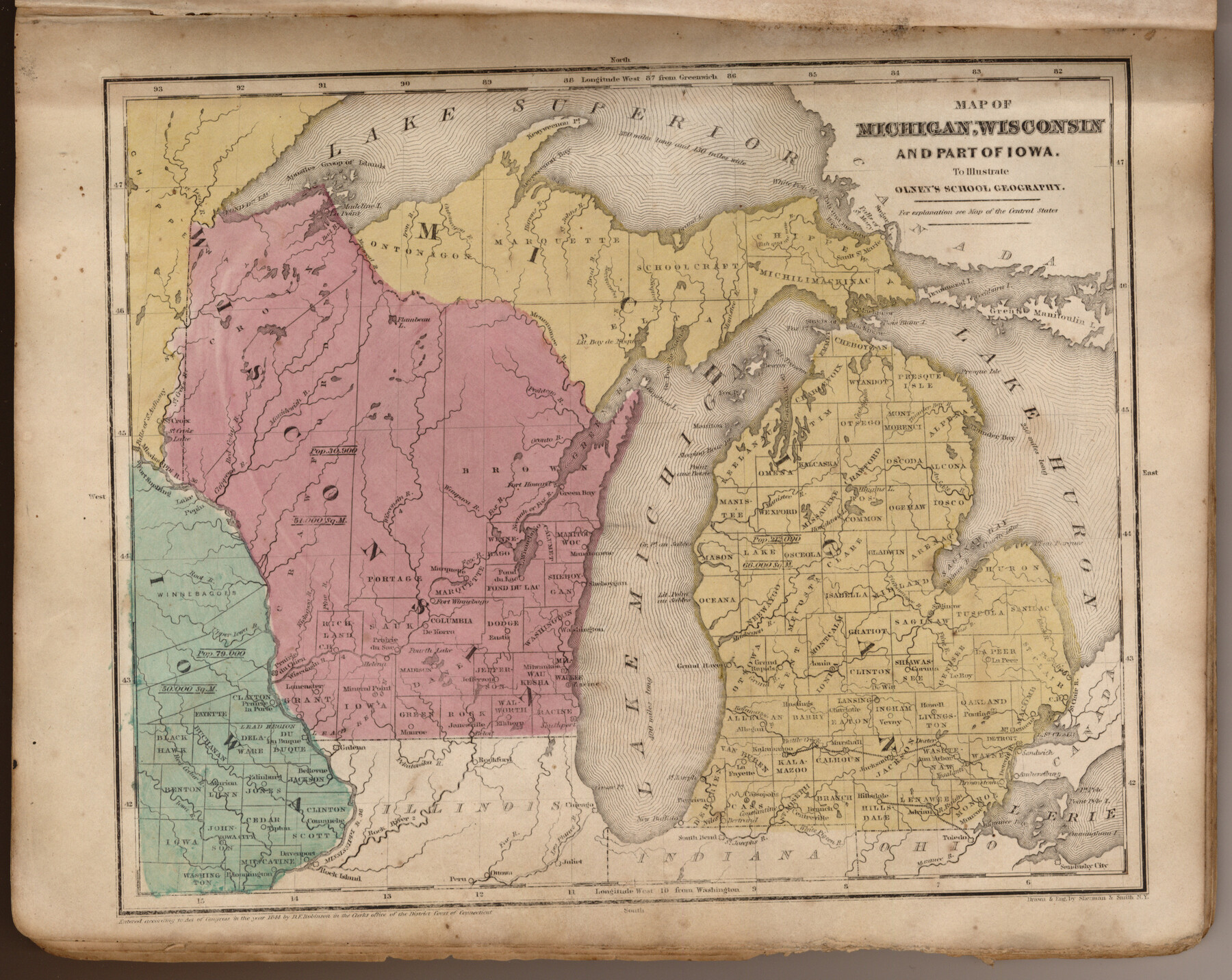 93542, Map of Michigan, Wisconsin and part of Iowa to illustrate Olney's school geography, General Map Collection