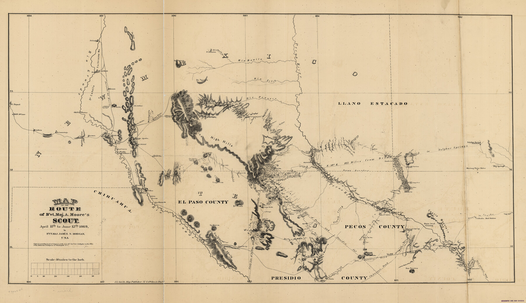93566, Map of the route of B'vt. Maj. A. Moore's scout, April 11th to June 12th 1869, Library of Congress