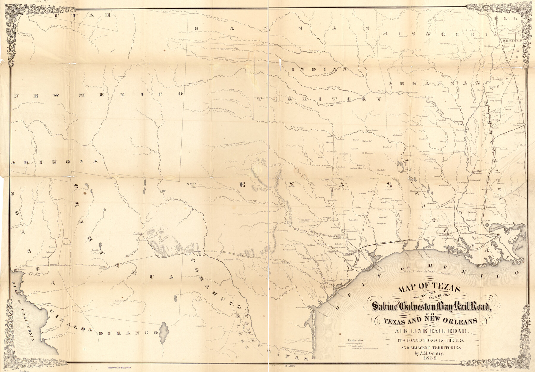 93610, Map of Texas showing the Sabine and Galveston Bay Rail Road, or Texas and New Orleans Air Line Rail Line, its connections in the U.S. and adjacent territories., Library of Congress