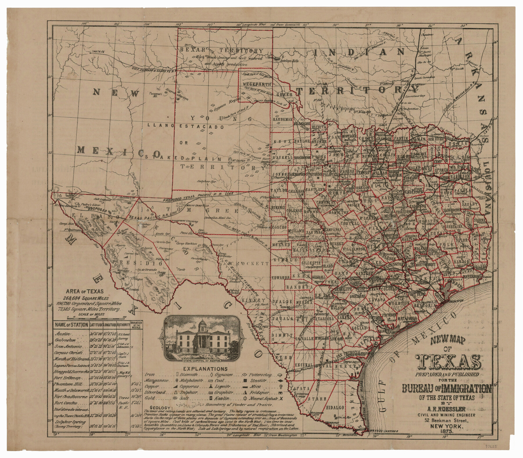 93625, New Map of Texas prepared and published for the Bureau of Immigration of the State of Texas, General Map Collection