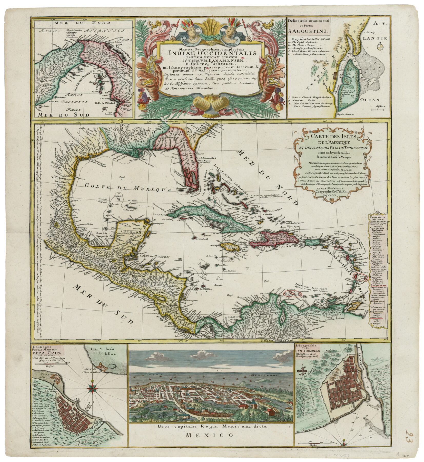 93693, Mappa Geographica Complectens I. Indiae Occidentalis Partem Mediam Circum Isthmum Panamensem; II. Ipsumque Isthmum; III. Ichnographiam praecipuorum locorum & portuum ad has terras pertinentium, General Map Collection