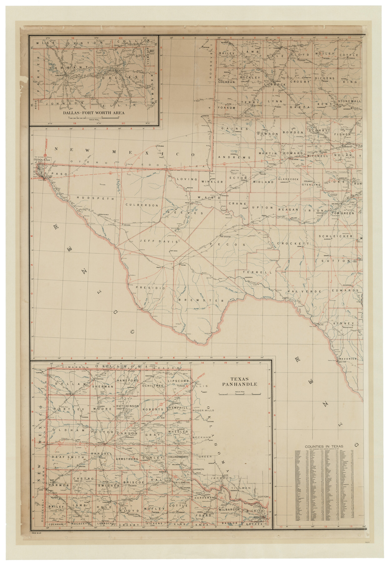 93699, Post Route Map of Texas (Inset 1: Dallas-Fort Worth Area; Inset 2: Texas Panhandle), General Map Collection