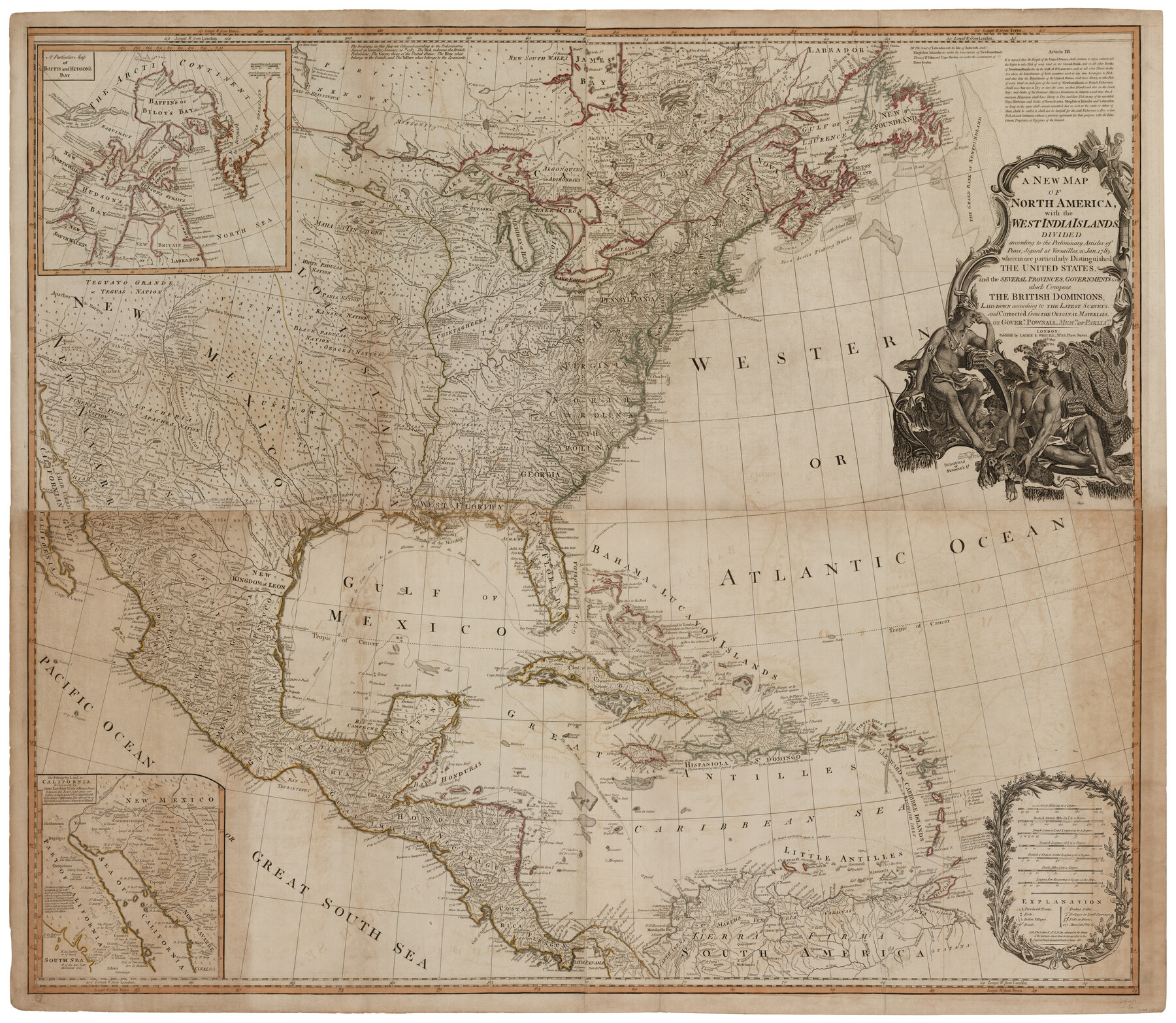 93734, A New Map of North America with the West India Islands divided according to the preliminary Articles of Peace, signed at Versailles, 20 Jan. 1783, General Map Collection