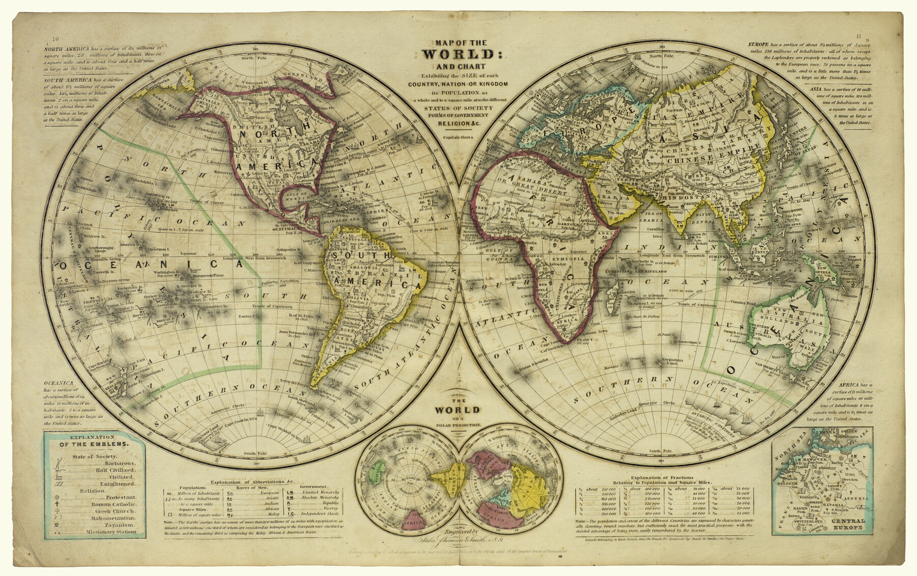 93882, Map of the World: and chart exhibiting the size of each country, nation or kingdom, its population as a whole and to a square mile also the different states of society, forms of government, religion &c., Holcomb Digital Map Collection