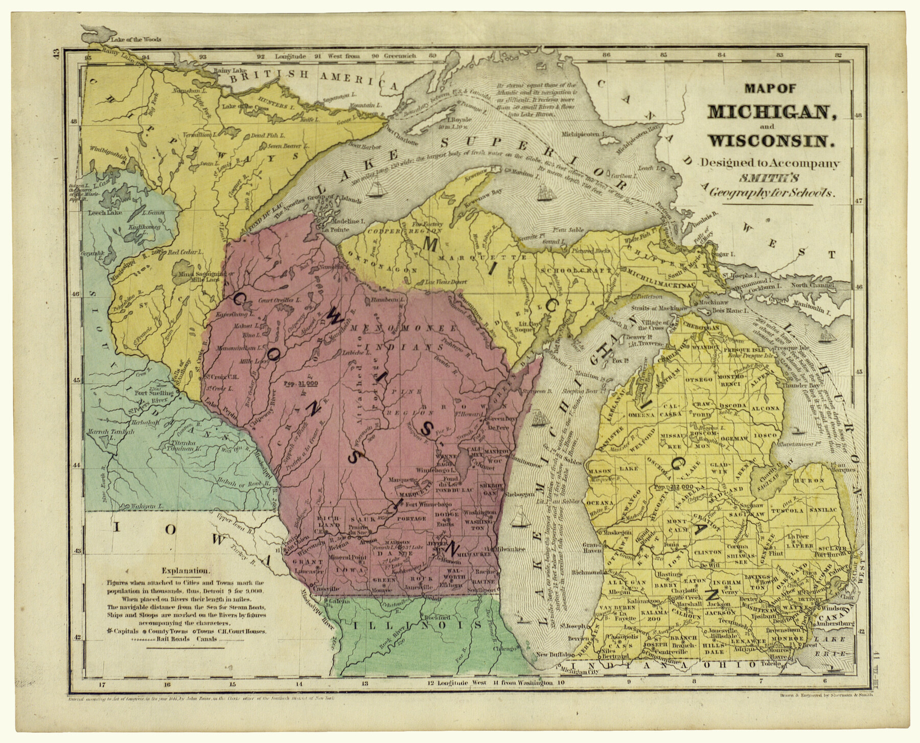 93890, Map of Michigan and Wisconsin designed to accompany Smith's Geography for Schools, Holcomb Digital Map Collection