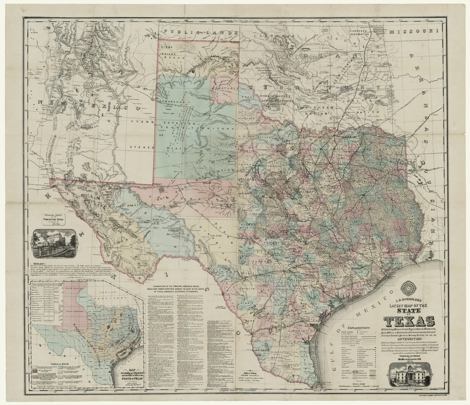 93934, A. R. Roessler's Latest Map of the State of Texas Exhibiting Mineral and Agricultural Districts, Post Offices and Mailroutes, Railroads projected and finished, Timber, Prairie, Swamp Lands, etc. etc. etc., Rees-Jones Digital Map Collection