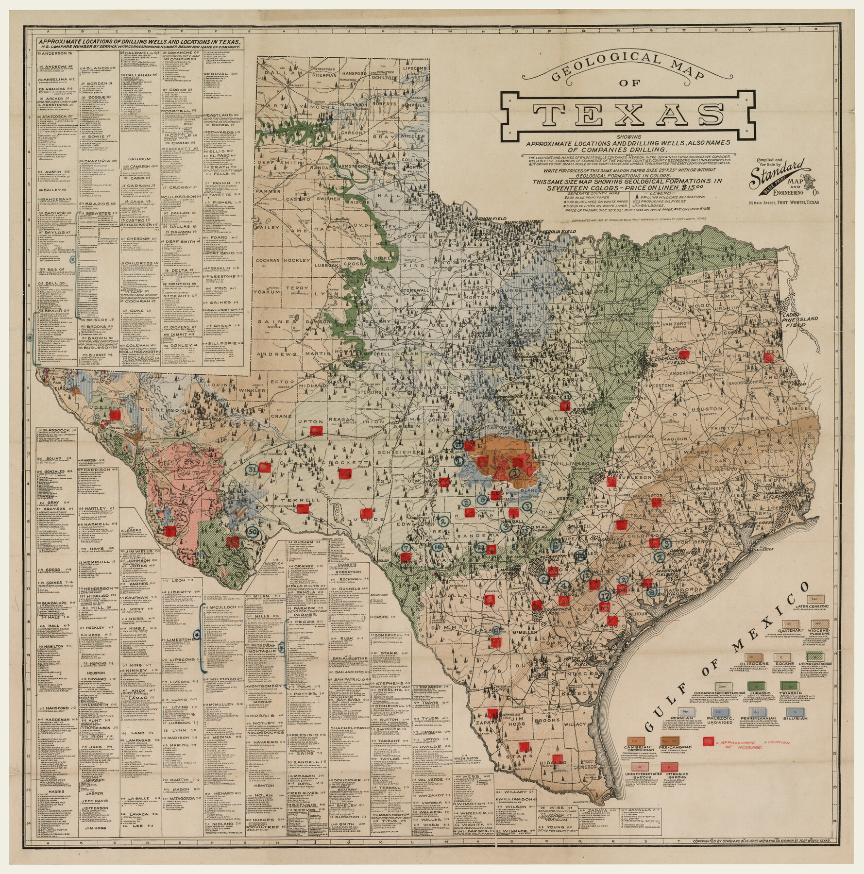 Geological map of Texas showing approximate locations and drilling