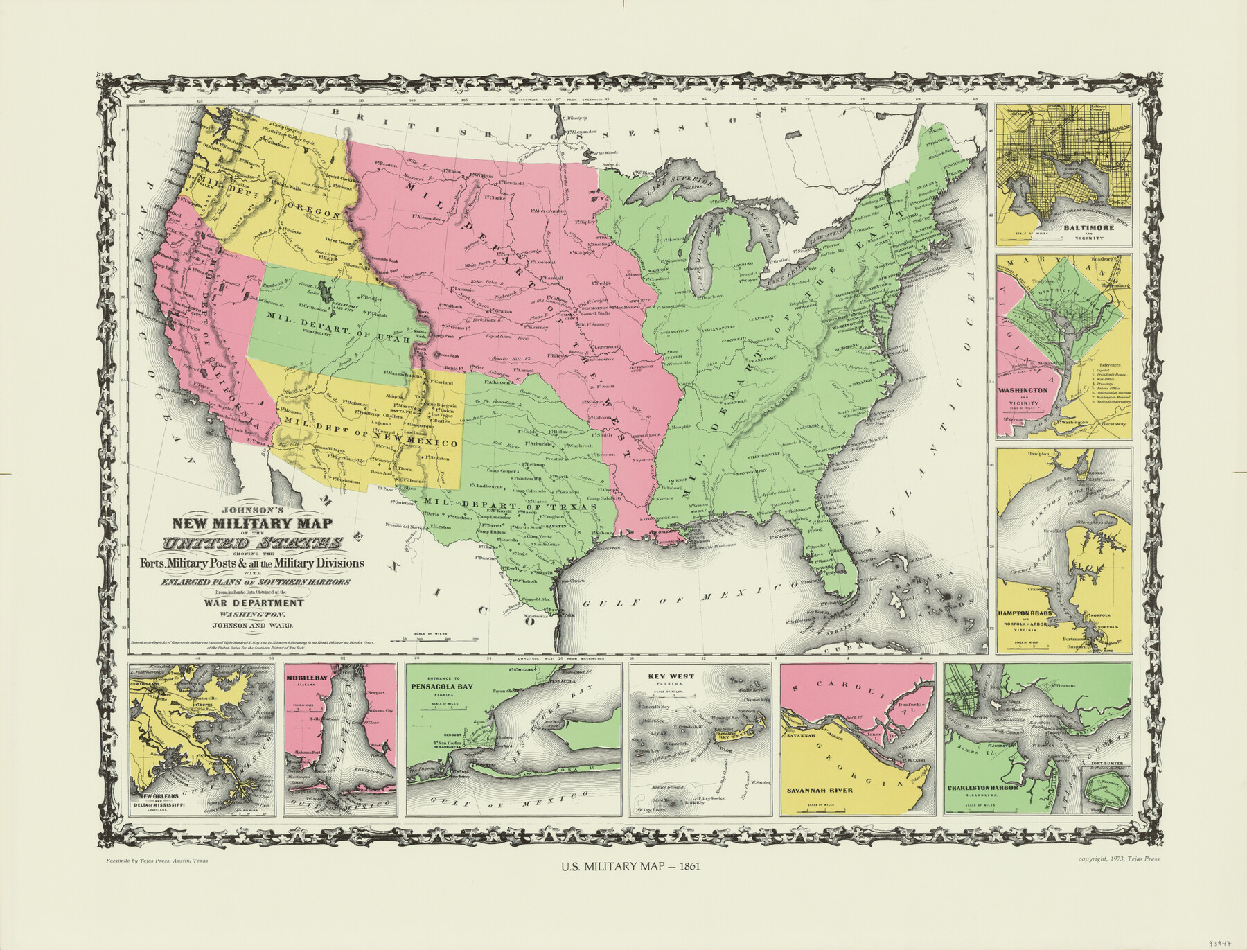 93947, Johnson's Military Map of the United States showing the Forts, Military Posts & all the Military Divisions with enlarged plans of southern harbors, General Map Collection