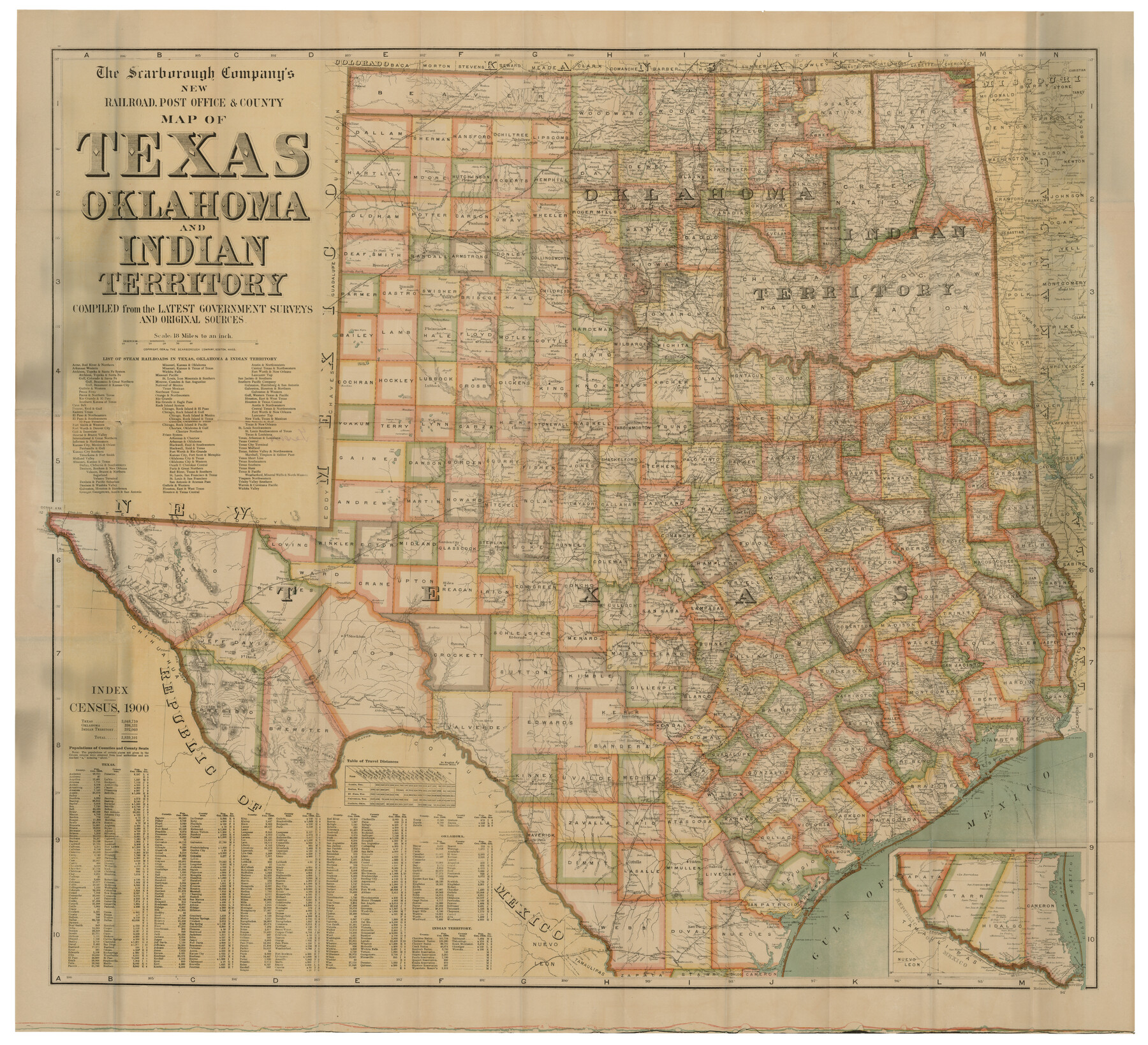 93967, The Scarborough Company's New Railroad, Post Office & County Map of Texas, Oklahoma and Indian Territory Compiled from the Latest Government Surveys and Original Sources, Non-GLO Digital Images