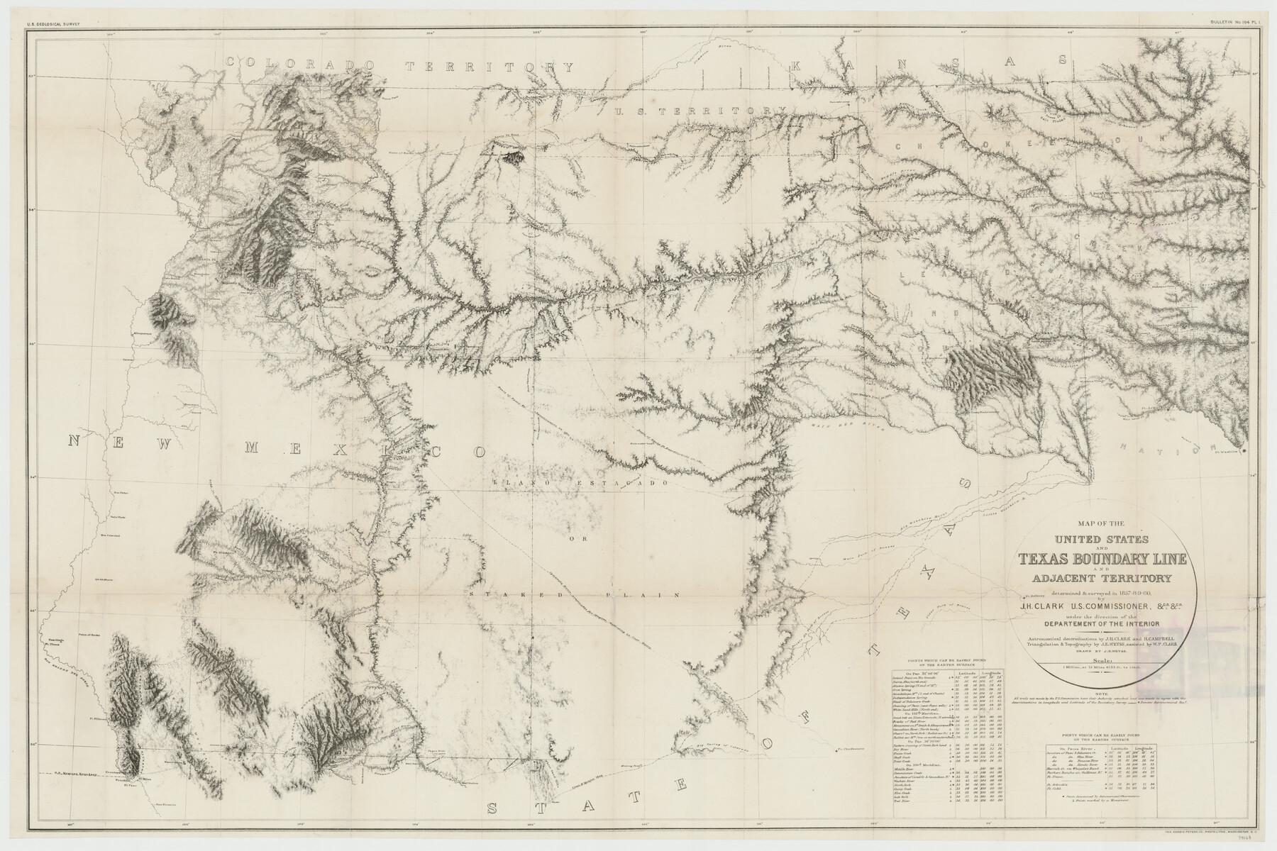 94063, Map of the United States and Texas Boundary Line and adjacent territory determined & surveyed in 1857-8-9-60 by J.H. Clark, U.S. Commissioner, &ca. &ca. under the direction of the Departement [sic] of the Interior, General Map Collection
