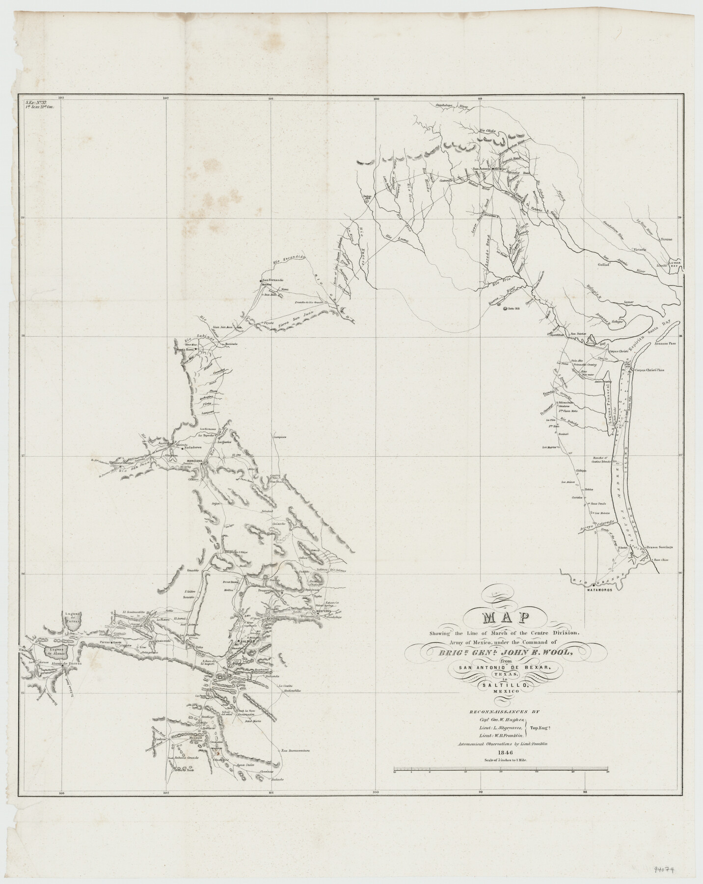 94074, Map showing the line of march of the Centre Division, Army of Mexico, under the command of Brigr. Genl. John E. Wool, from San Antonio de Bexar, Texas to Saltillo, Mexico, General Map Collection