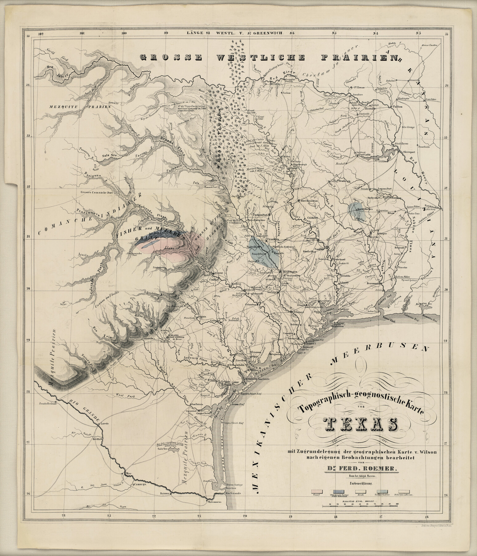 94099, Topographisch-geognostische Karte von Texas mit Zugrundelegung der geographischen Karte v. Wilson nach eigenen Beobachtungen bearbeitet von Dr. Ferd. Roemer, Holcomb Digital Map Collection