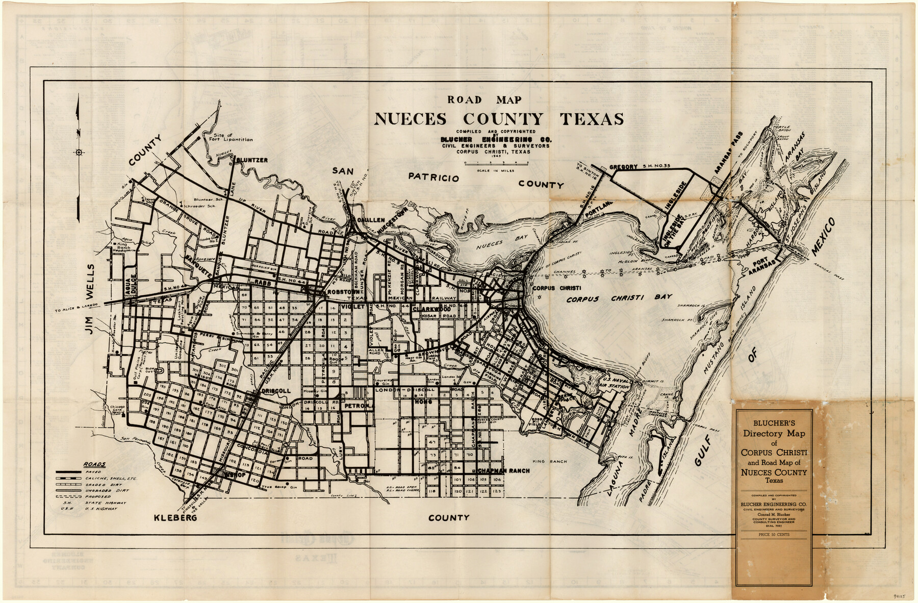 94105, Blucher's Directory Map of Corpus Christi and Road Map of Nueces County, General Map Collection

