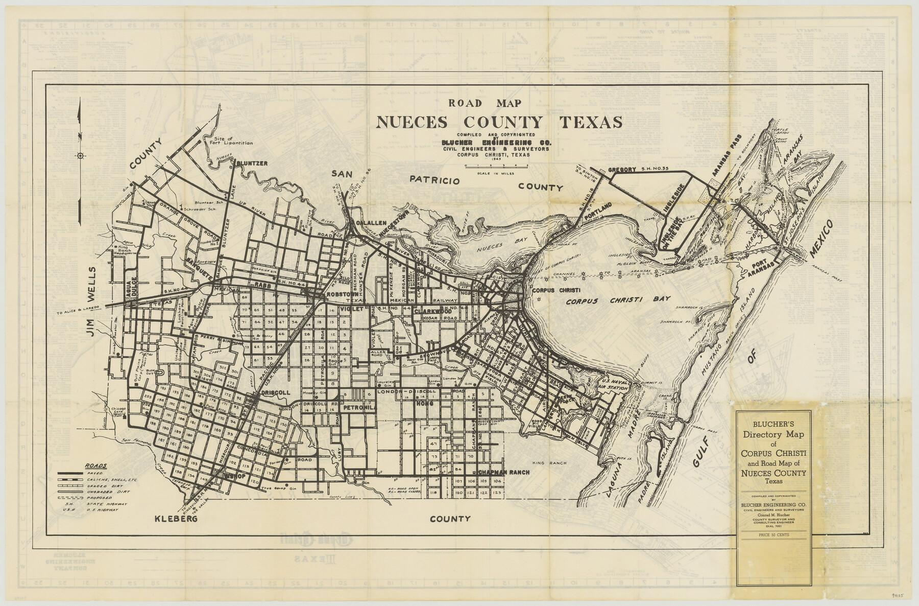 94105, Blucher's Directory Map of Corpus Christi and Road Map of Nueces County, General Map Collection