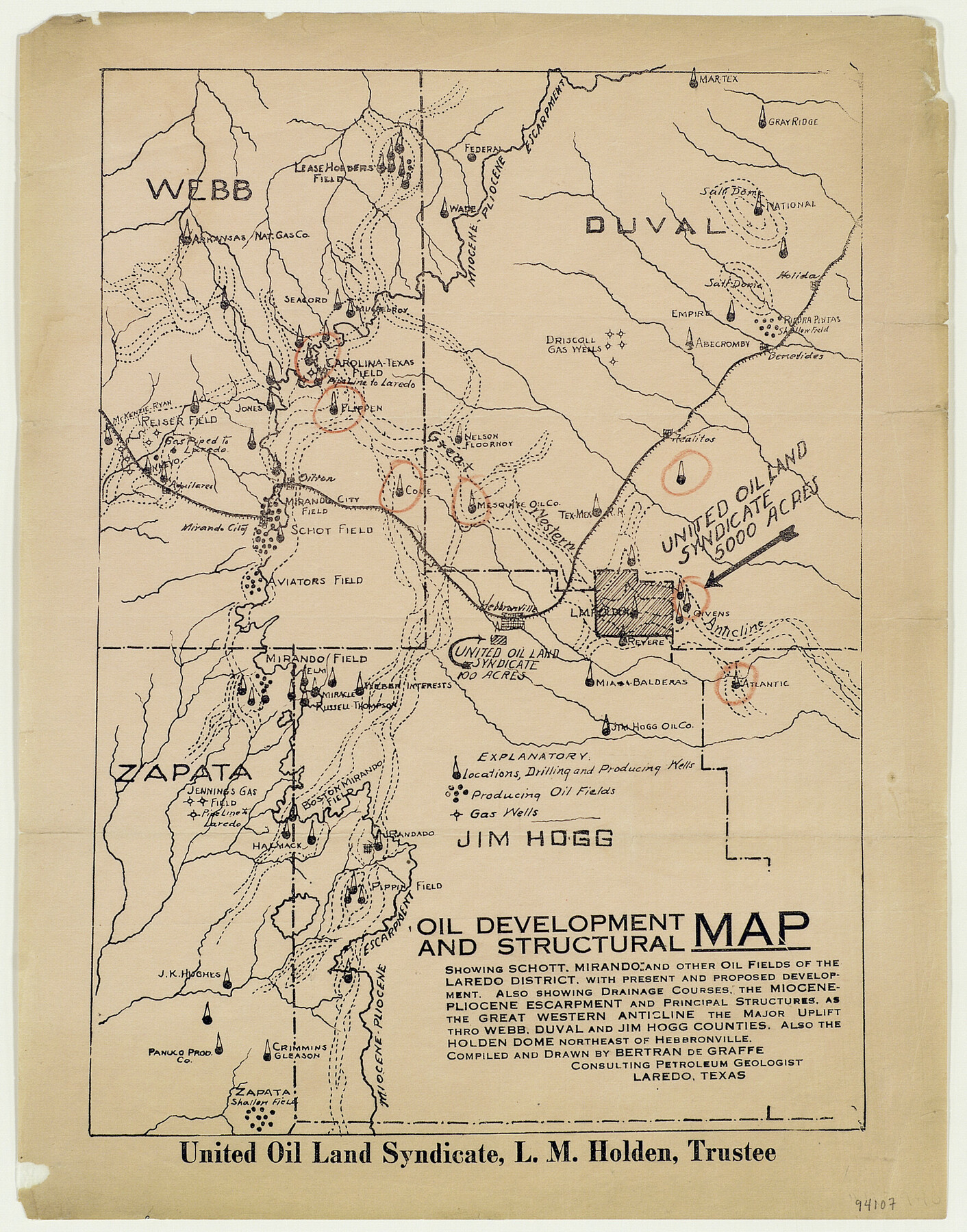 94107, Oil Development and Structural Map showing Schott, Mirando and other oil fields of the Laredo District with present and proposed development., General Map Collection