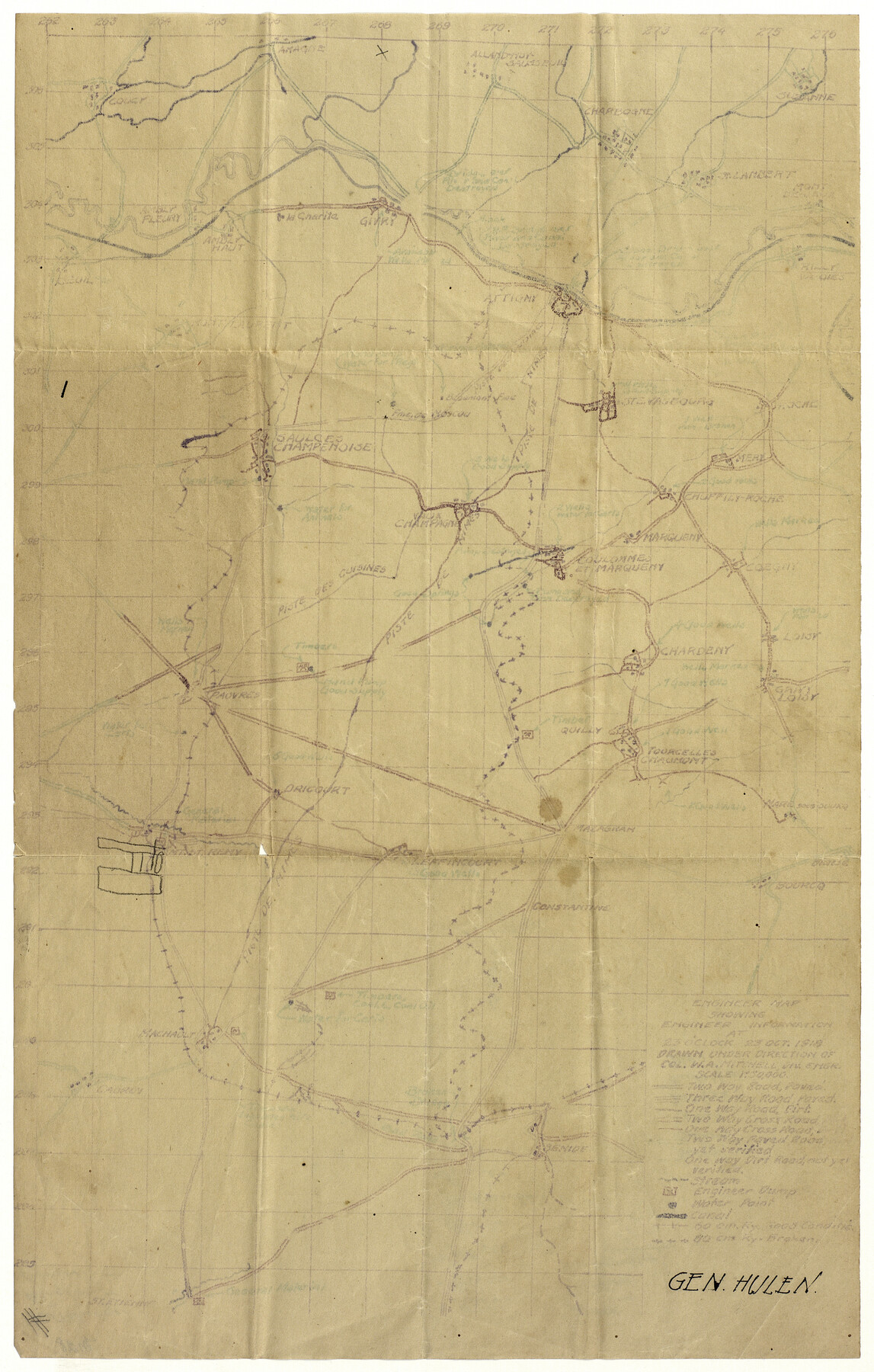 94127, Engineer map showing engineer information at 23 O'Clock 23 Oct. 1918 drawn under direction of Col. W.A. Mitchell, Non-GLO Digital Images