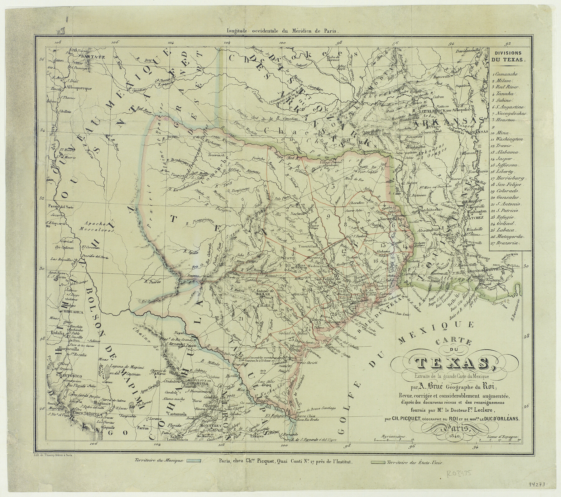 94273, Carte du Texas, Extraite de la grande Carte du Mexique par A. Brué Géographe du Roi, Revue, corrigée et considerablement augmentée d'après des documens récens et renseignemens fournis par Mr. le Docteur Fc. Leclerc, General Map Collection