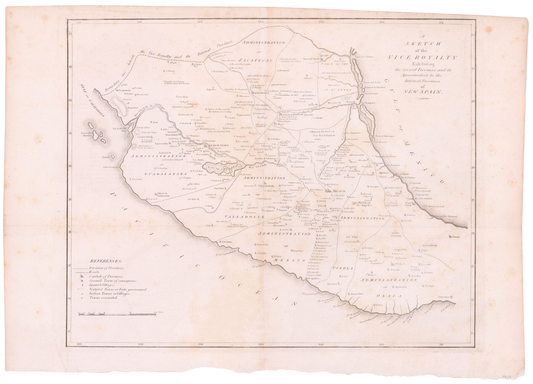 95157, A Sketch of the Vice Royalty exhibiting the several Provinces and its Aproximation [sic] to the Internal Provinces of New Spain, General Map Collection