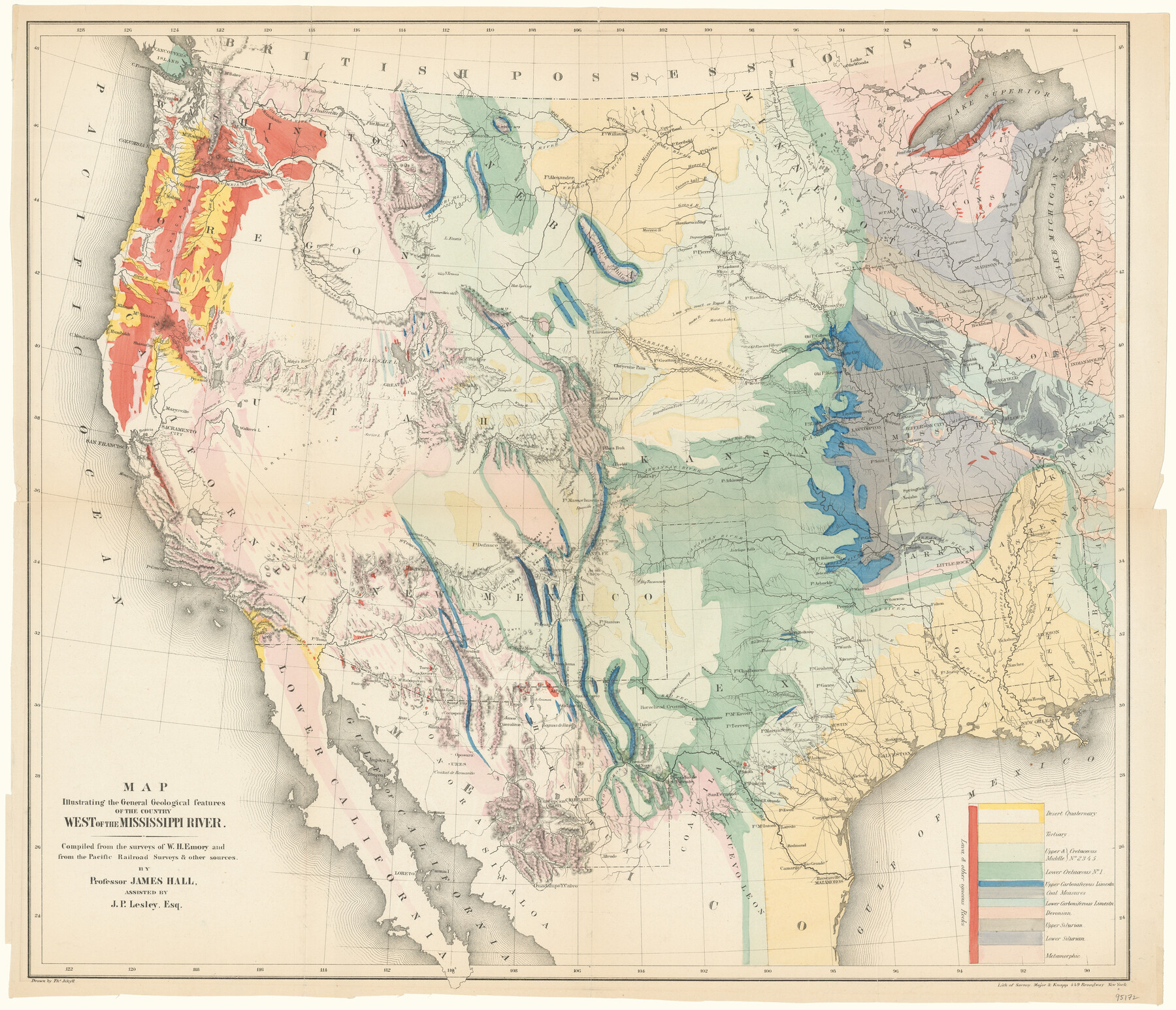 95172, Map illustrating the general geological features of the country west of the Mississippi River compiled from the surveys of W.H. Emory and from the Pacific Railroad surveys & other sources, General Map Collection