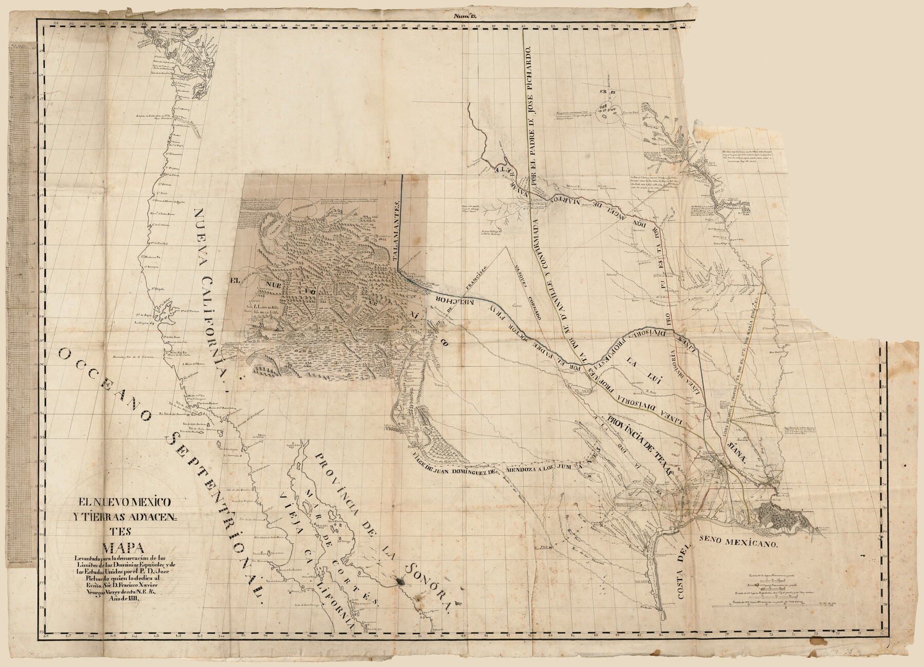 95360, El Nuevo Mexico y Tierras Adyacentes Mapa Levantado para la demarcacion de los Limites de los Dominios Españoles y de los Estados Unidos por el P.D. Jose Pichardo quien lo dedica al Exmo. Sor. D. Fracisco Xavier Venegas Virrey de esta N.E. &. Año de 1811, Library of Congress