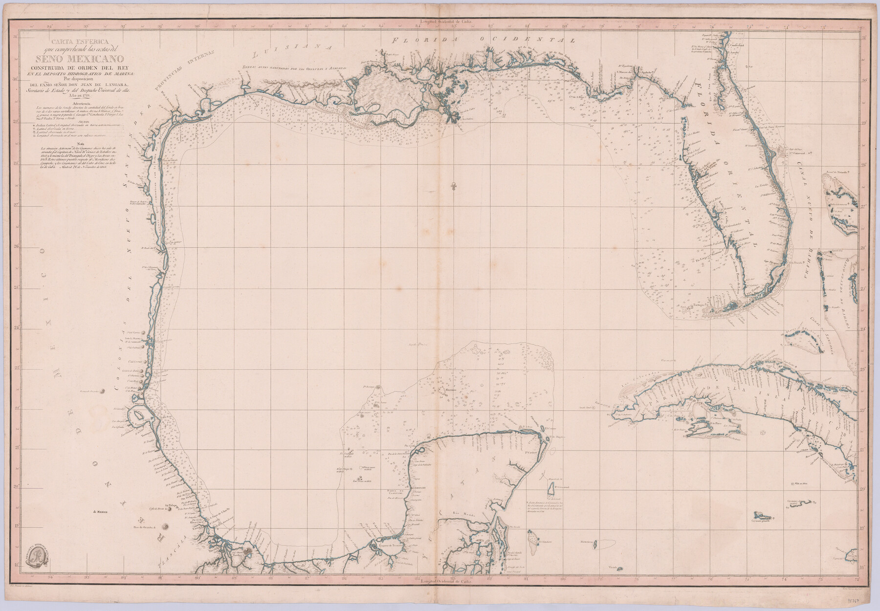 95367, Carta Esferica que comprehende las costas del Seno Mexicano construida de orden del rey en el deposito hidrografico de marina:  Por disposicion del Exmo. Señor Don Juan de Langara, Secretario de Estado y del Despacho Universal de ella. Año de 1799., General Map Collection