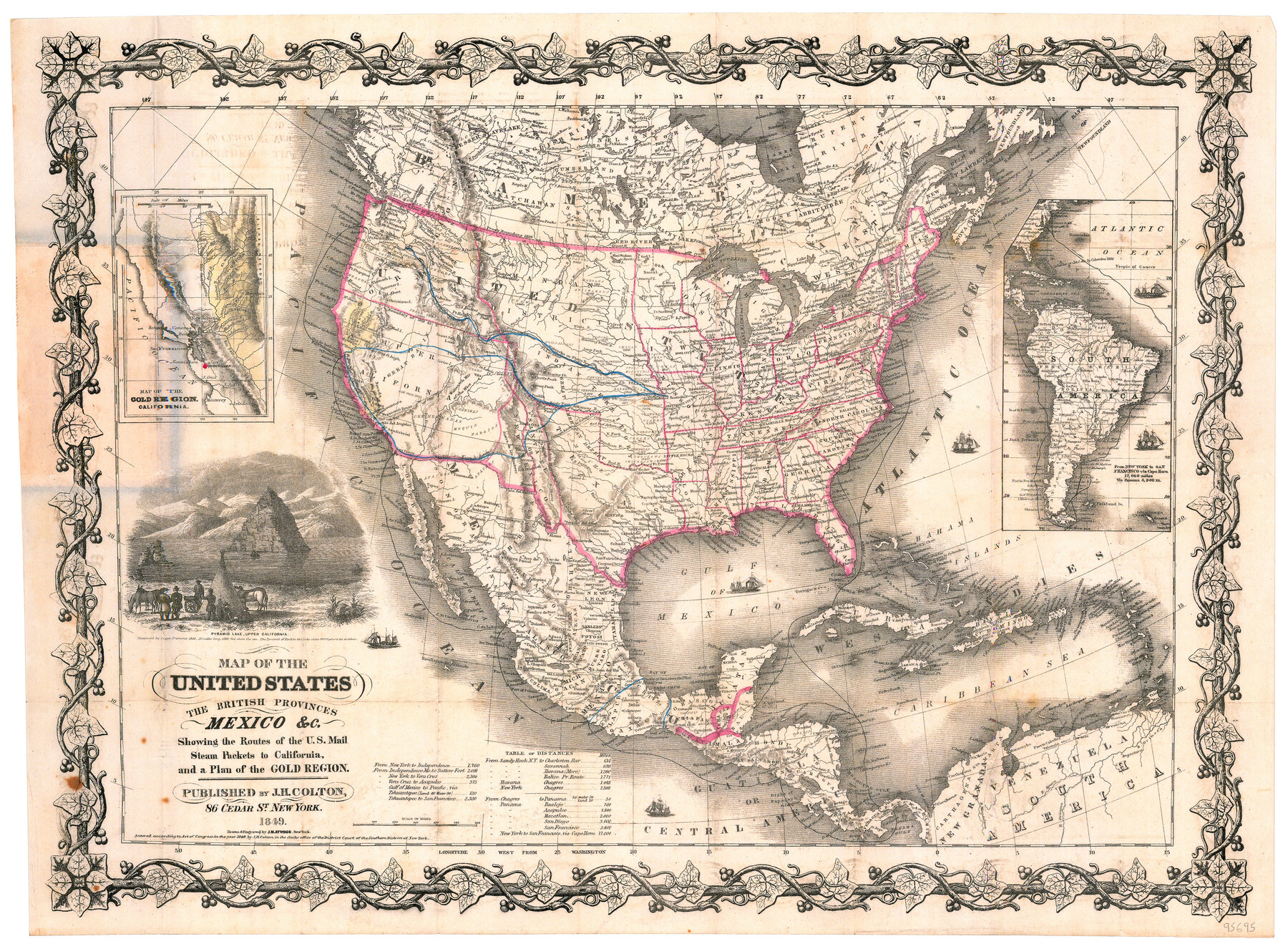 95695, Map of the United States, the British Provinces, Mexico &c. Showing the Routes of the U.S. Mail Steam Packets to California and a Plan of the Gold Region, General Map Collection
