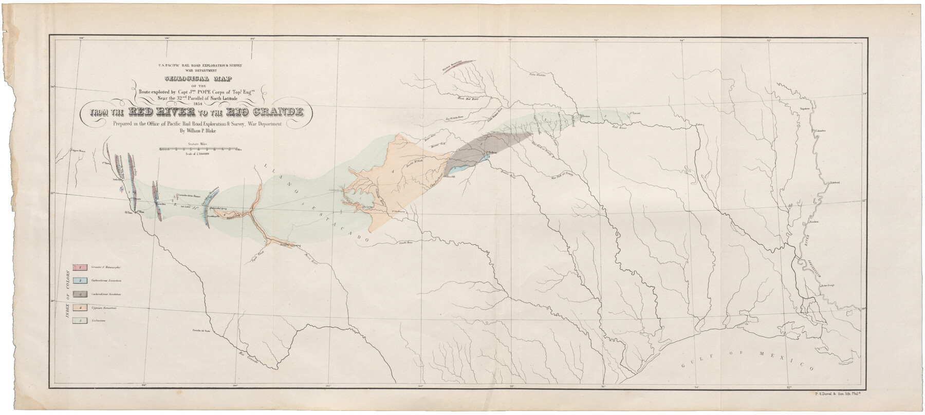 95751, Geological Map of the route explored by Capt. Jno. Pope, Corps of Topl. Engrs. near the 32nd Parallel of North Latitude from the Red River to the Rio Grande, Cobb Digital Map Collection