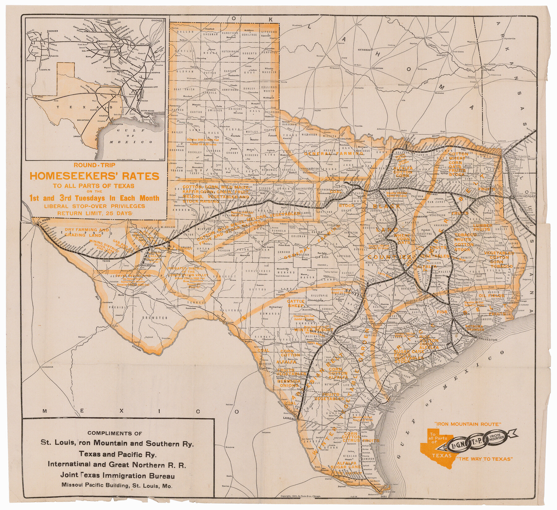 95792, "Iron Mountain Route" to all parts of Texas - I. & G. N., T. & P., Iron Mountain - "The Way to Texas", Cobb Digital Map Collection