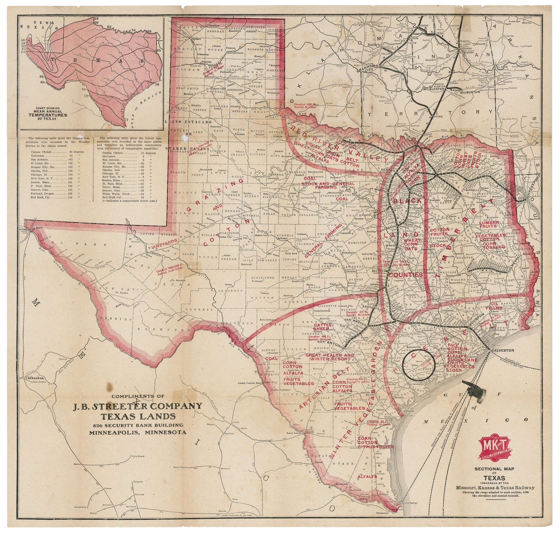 95815, Sectional map of Texas traversed by the Missouri, Kansas & Texas Railway, showing the crops adapted to each section, with the elevation and annual rainfall, Cobb Digital Map Collection