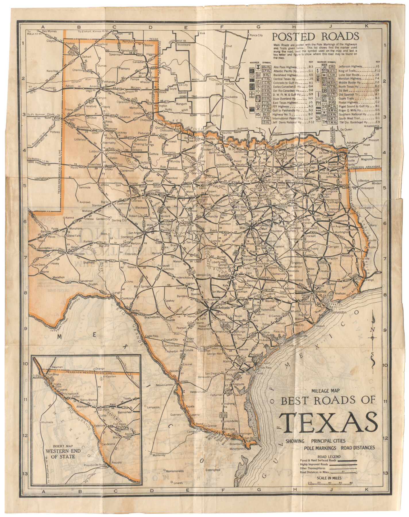 Mileage Map Best Roads of Texas showing principal cities, pole