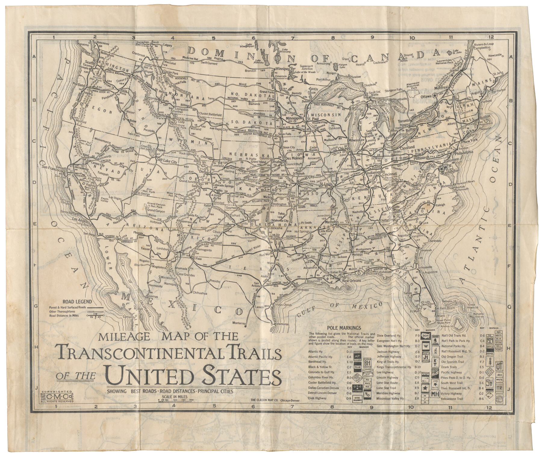 95899, Mileage Map of the Transcontinental Trails of the United States showing best roads, road distances, principal cities, Cobb Digital Map Collection - 1